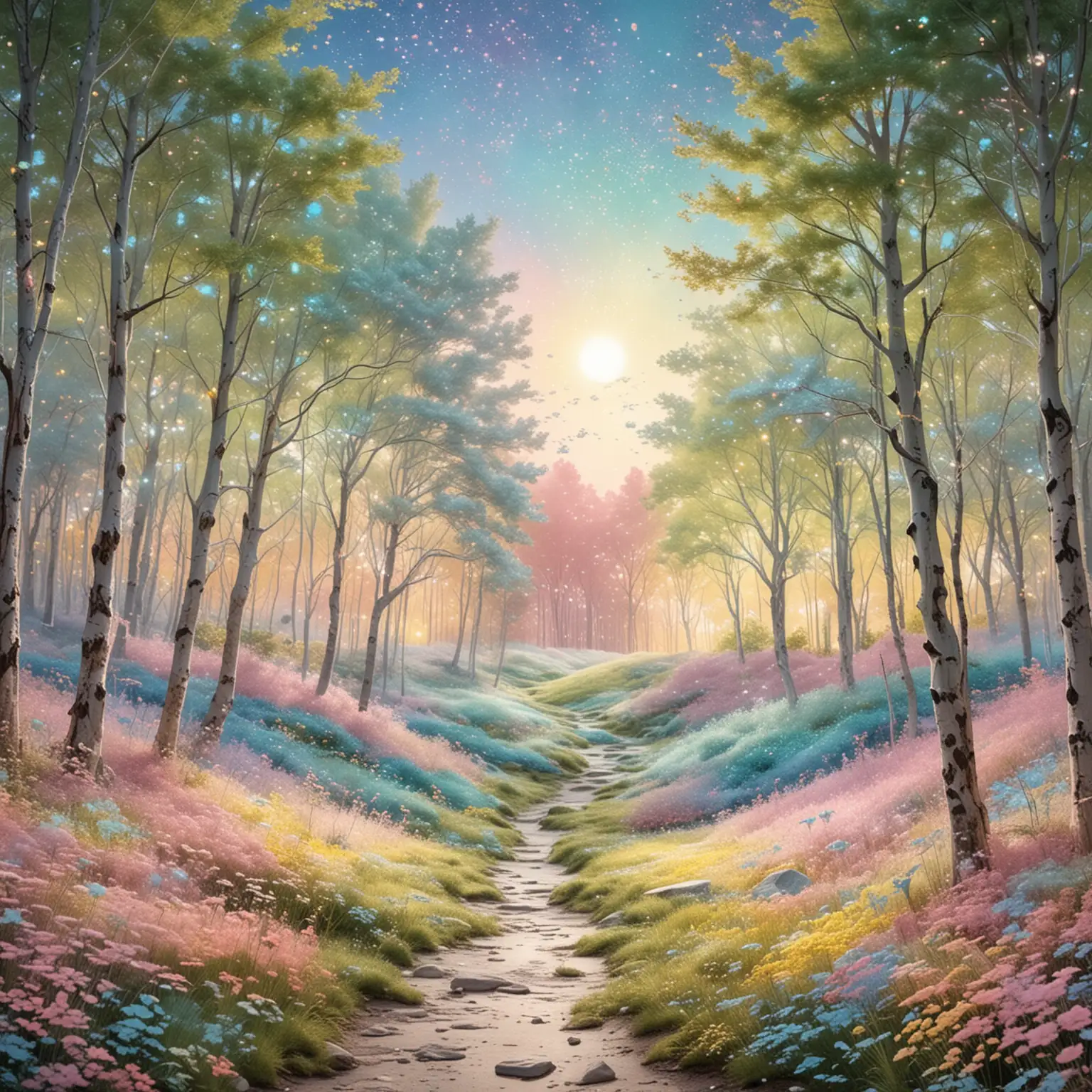 create a galactic playground of hills and trees in iridescent sparkling white, yellow, pink, blue, and green pastels . Make it very light with sunshine