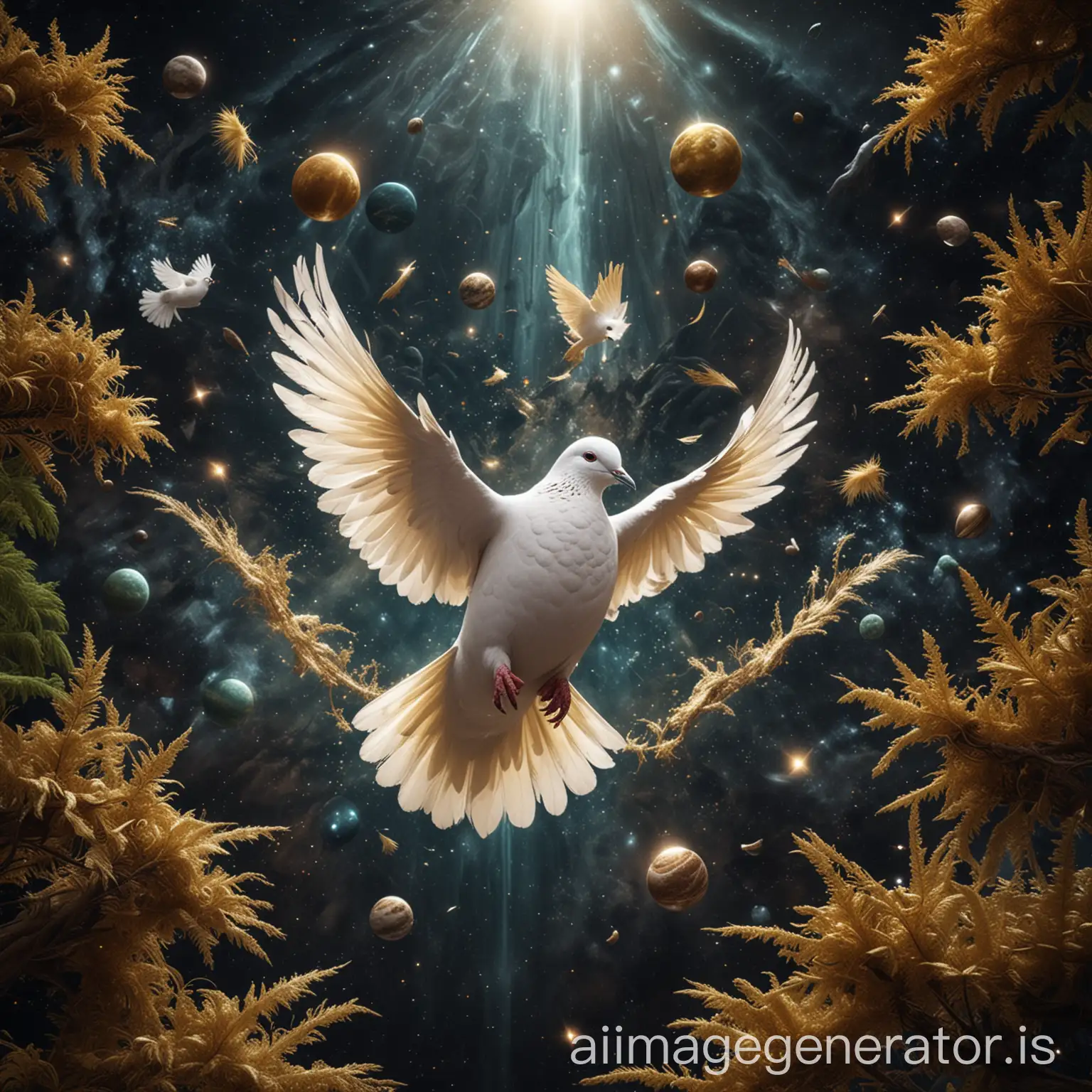 A white dove with golden feathers in space with a real forest flies between planets