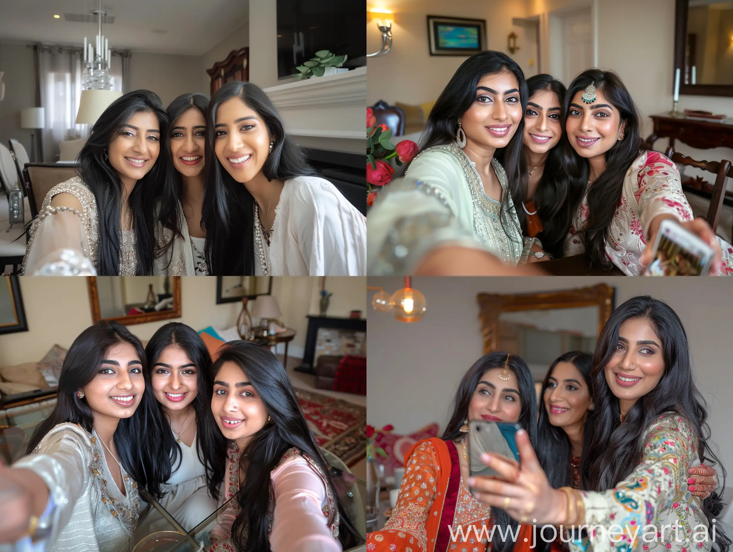 3 beautiful british Pakistani women with their mother, models with long black hair taking selfie in dining room --v 6 --v 6 --ar 1:1 --