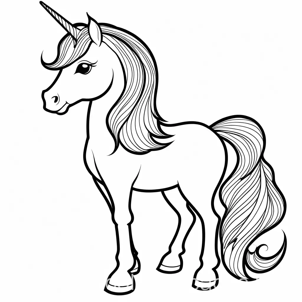 Whimsical-Unicorn-Coloring-Page-with-Long-Mane-and-Bow-Black-and-White-Line-Art