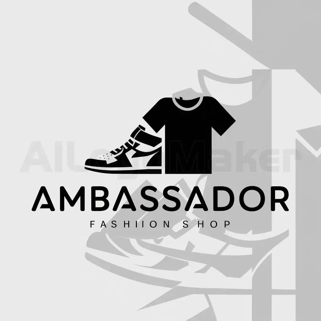 a logo design,with the text "AMBASSADOR", main symbol:Fashion sneakers,fashion t-shirts,complex,be used in clothes shop industry,clear background
