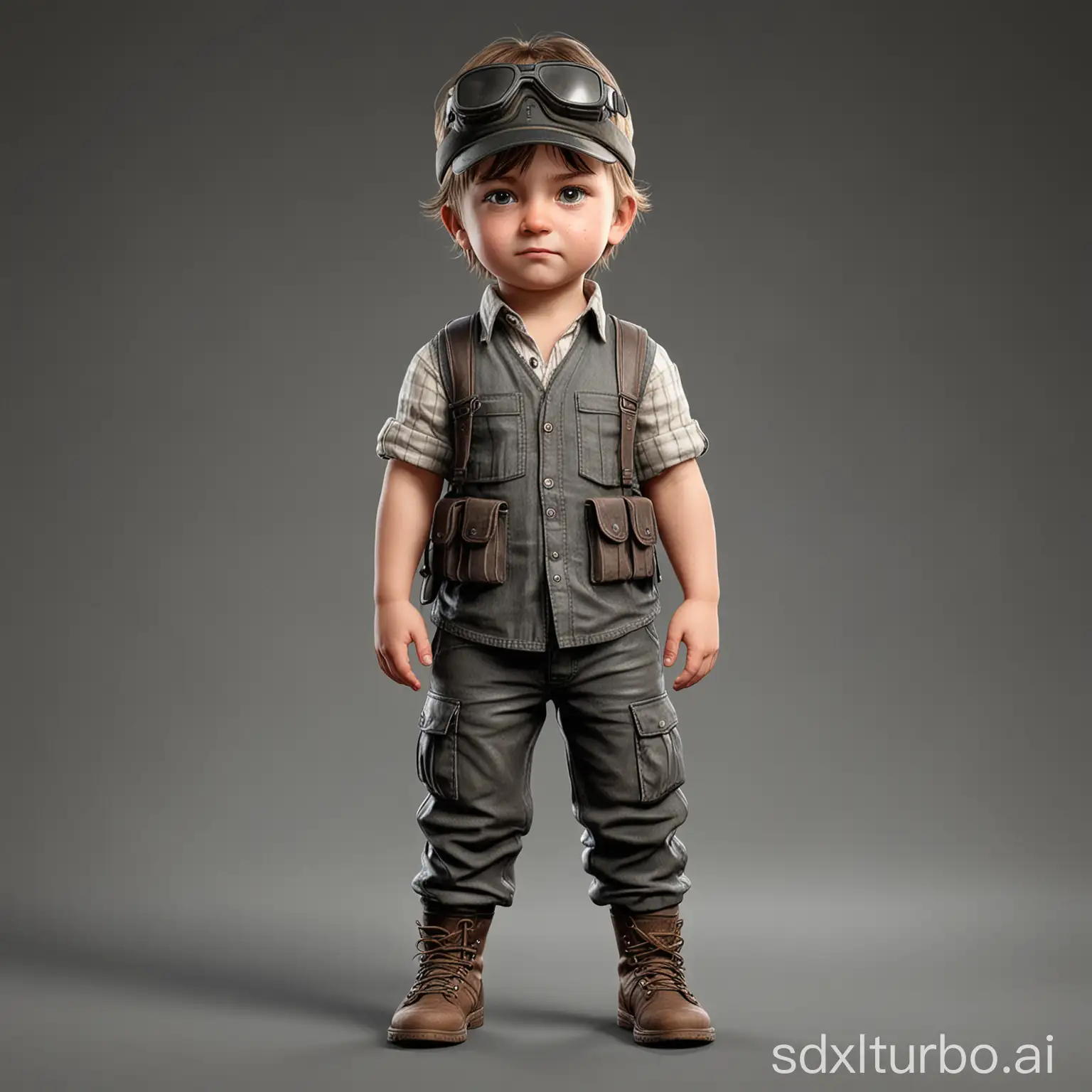 Little child pubg with masculine face, game character, stands at full height