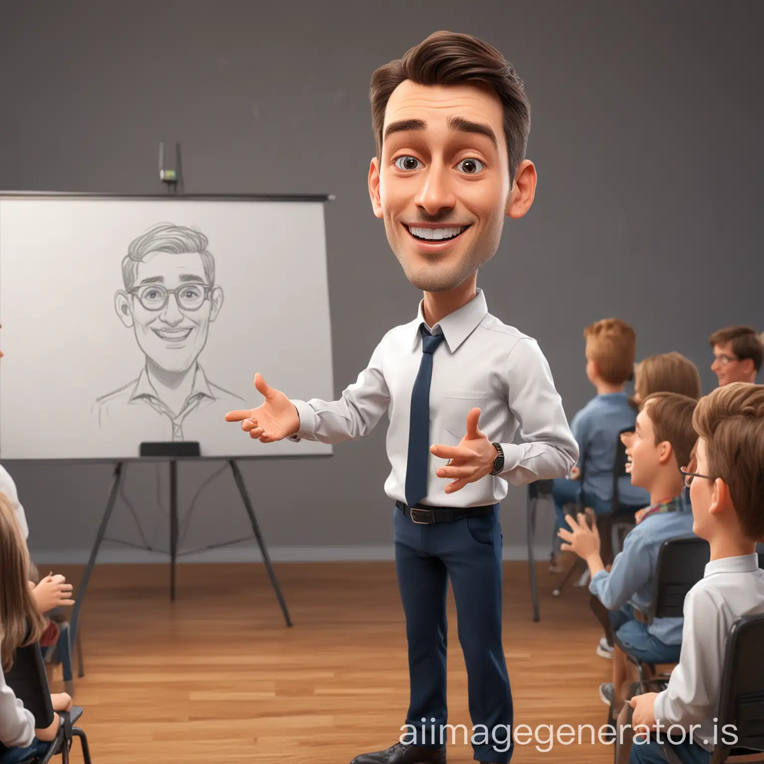 Create for me a 4d AI character caricature of a handsome man giving a presentation in front of a class