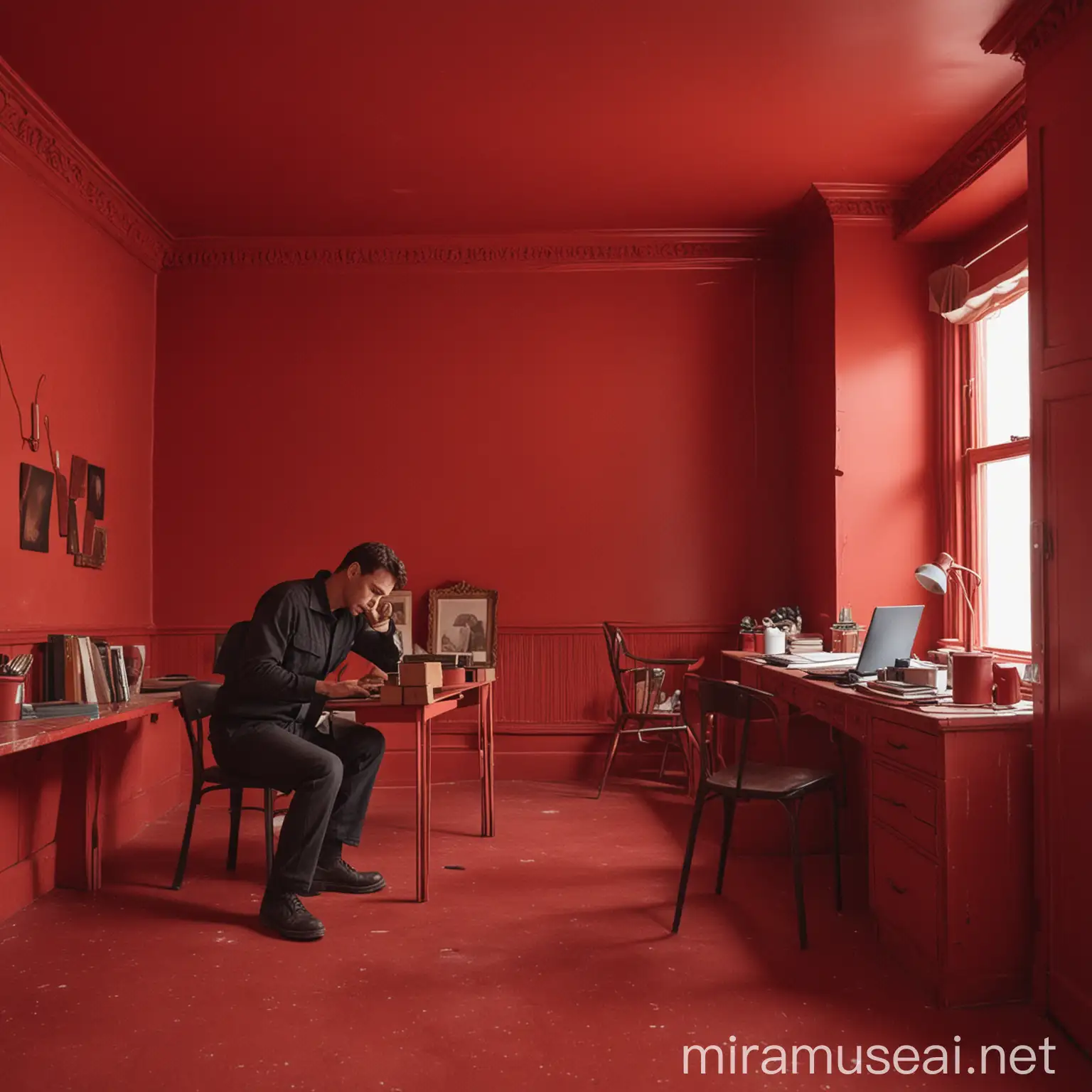 a man working in a company in a red room