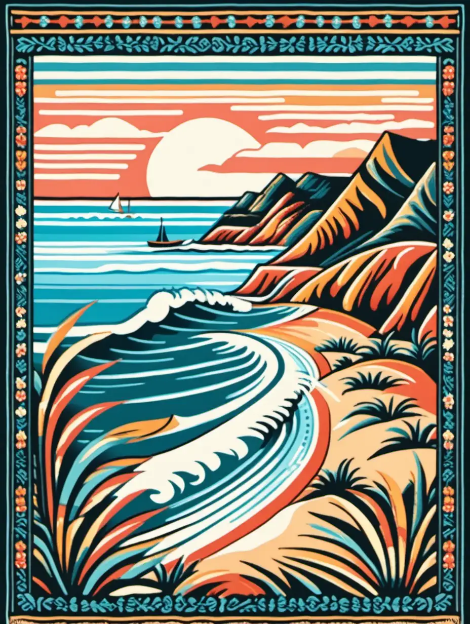 tapestry design of a California beach surf scene made in the style of Eastern European folk art, pastel colors