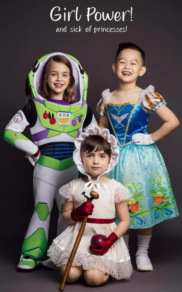 Photograph of a 9-year-old girl wearing a Buzz Lightyear costume, a cute 7-year-old little blonde boy with short hair shaved on the sides wearing a colorful Snow White Disney Princess dress, and a cute 5-year-old little short-brown-haired boy wearing a frilly white Bo Peep dress and gloves and bonnet holding a red apple and crook, British children, perfect children faces, perfect faces, smooth skin, the photograph is captioned “Girl power! And sick of princesses!”