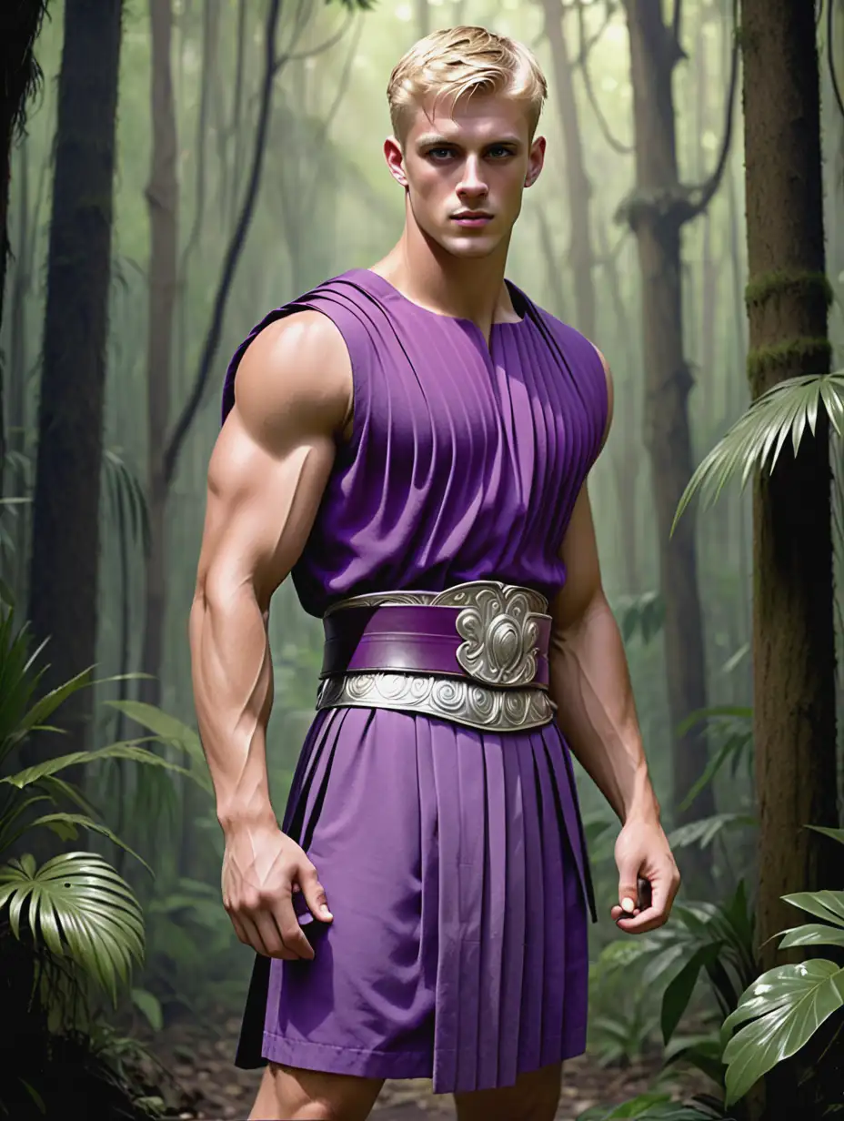 Subject: Muscled handsome young man with short blond haircut and silver eyes. He wears a violet greco-roman tunic, pleated below his belt, and sandals with bare arms and legs.

Setting: Humid subtropical forest woodland
