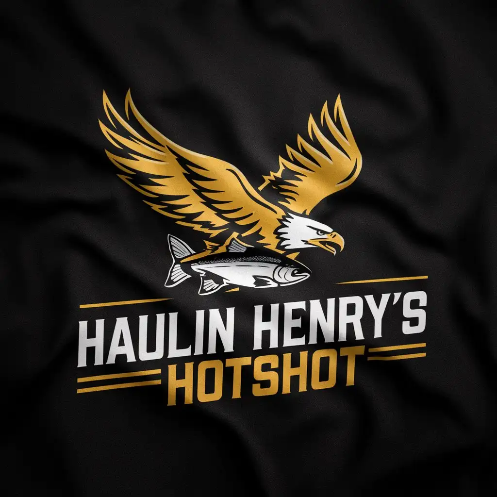 a logo design,with the text "Haulin Henry’s hotshot", main symbol:A flying golden eagle spreading its wings and feathers grasps a salmon with its claws. Black background,Moderate,clear background