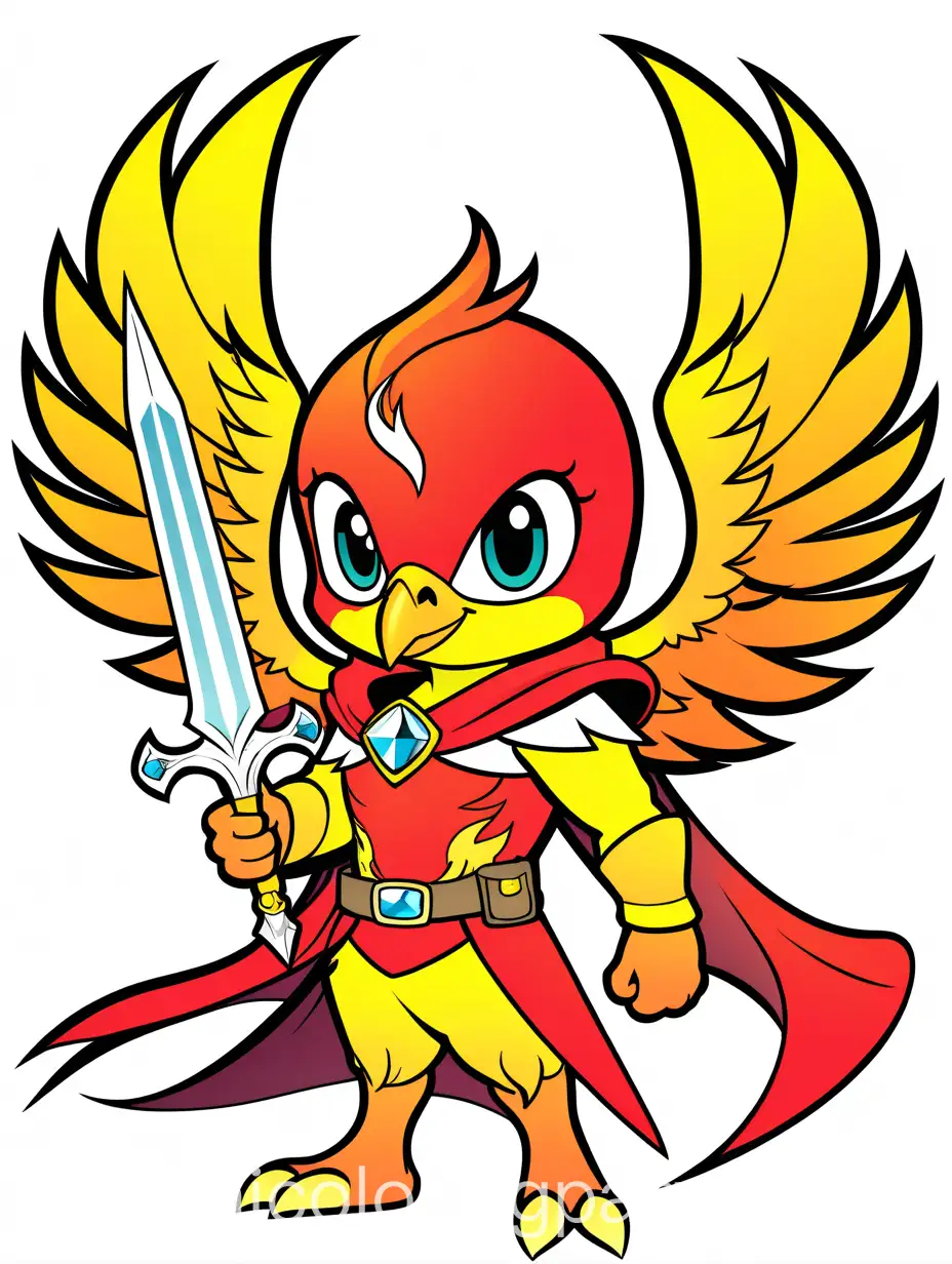 a chibi phoenix bird wearing a cape and a item belt with a crystal sword , Colored Page,all the subjects are easy to distinguish, making it simple for kids colored., Coloring Page, black and white, line art, white background, Simplicity, Ample White Space. The background of the coloring page is plain white to make it easy for young children to color within the lines. The outlines of all the subjects are easy to distinguish, making it simple for kids to color without too much difficulty