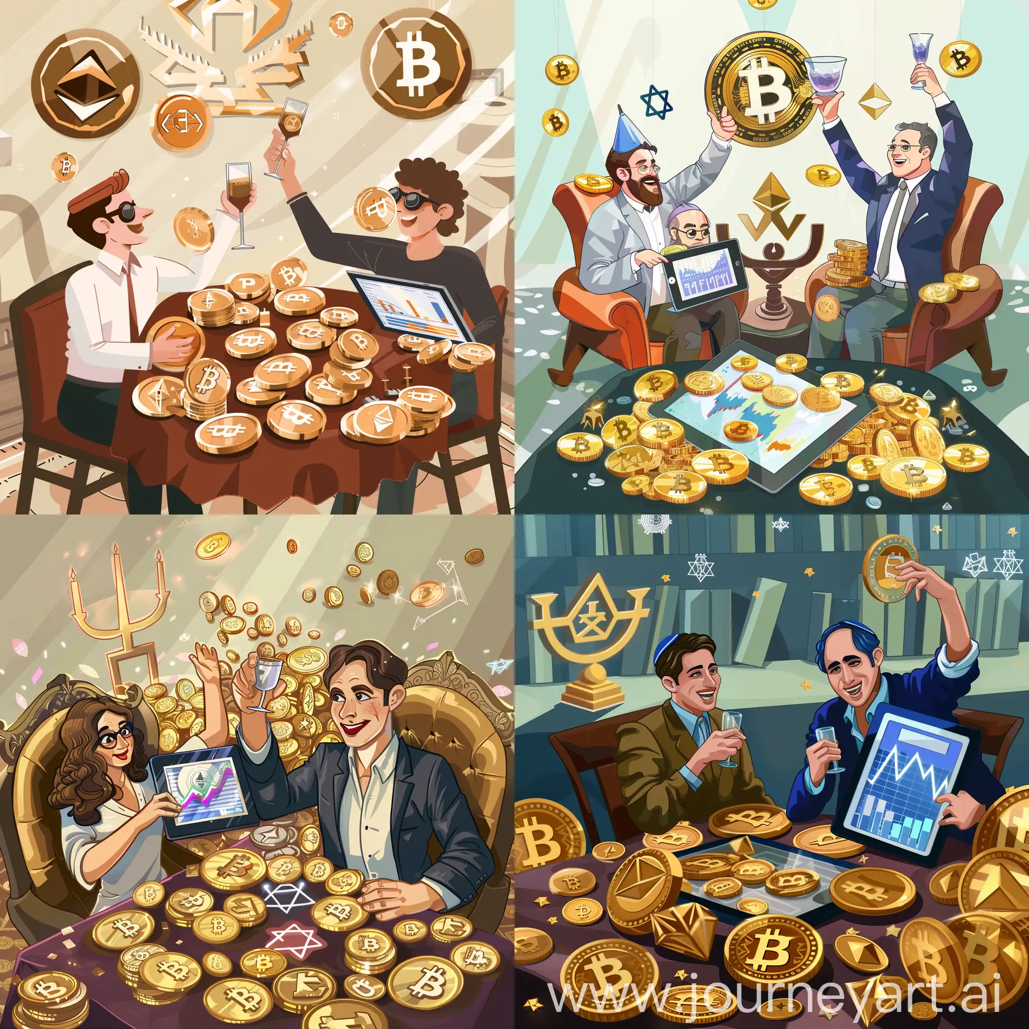Create an image of two 40-year-old Jewish friends surrounded by large amounts of cryptocurrency. They are seated at a luxurious table, with cryptocurrency coins like Bitcoin and Ethereum spread out in front of them. One friend is holding a tablet showing a rising crypto chart, while the other raises a glass in celebration. Subtle Jewish symbols, such as a menorah or Star of David, should be included in the background.