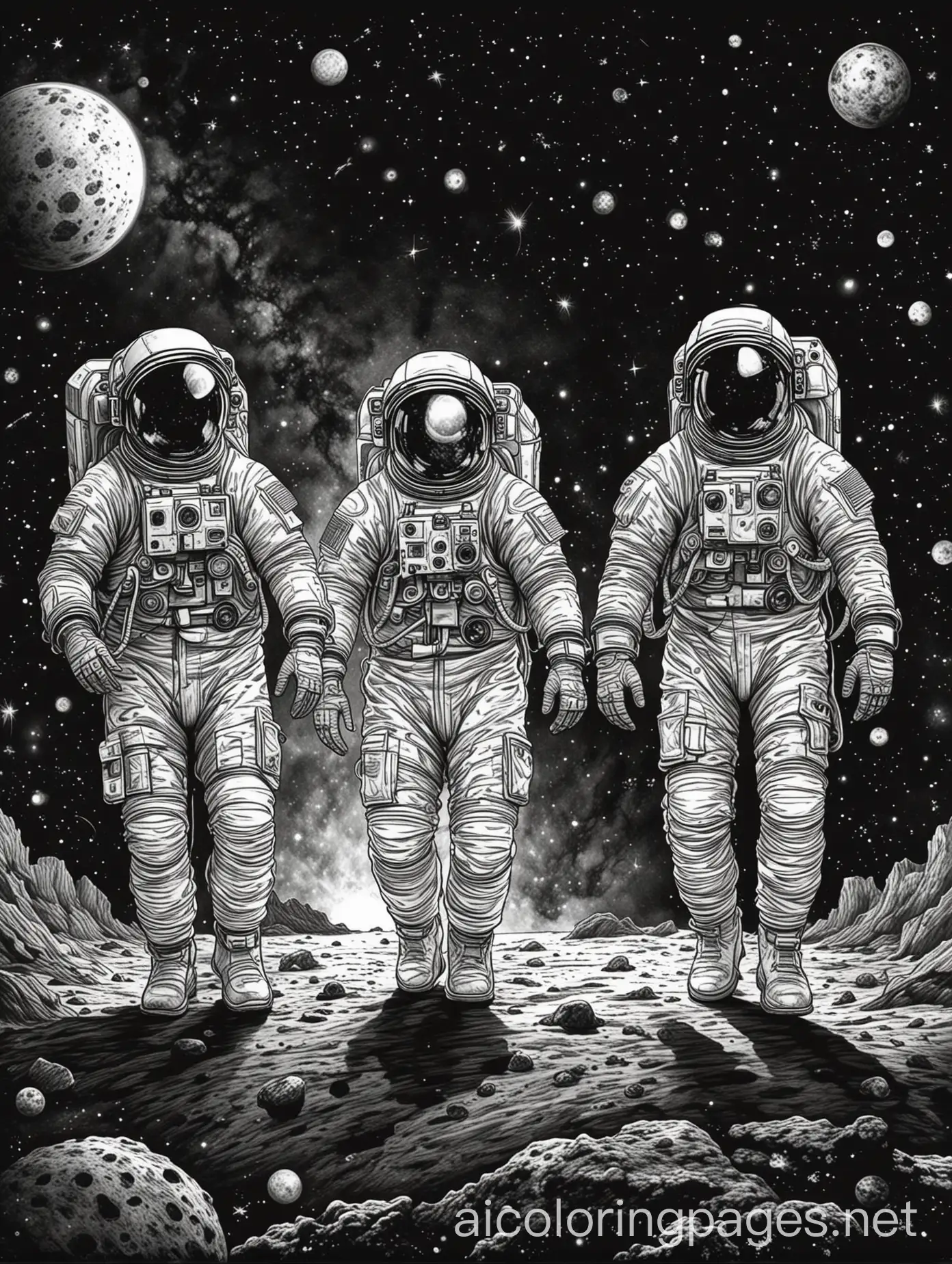 astronauts in dark space, Coloring Page, black and white, line art, white background, Simplicity, Ample White Space