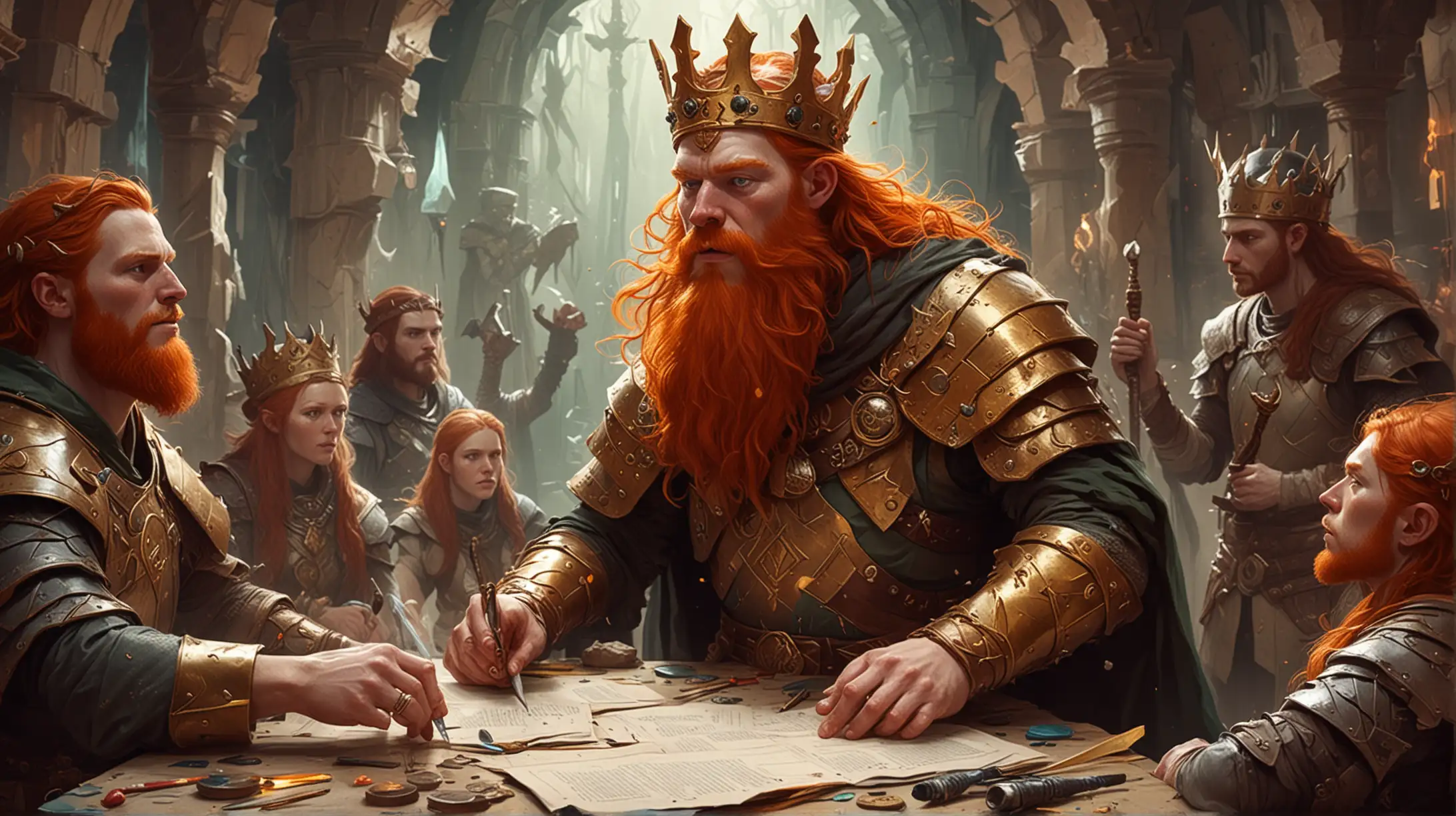 In an abstract art style, Ginge the God King runs a d&d session.