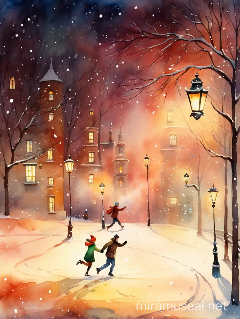 зима, идет снег, город, счастливые мужчина и женщина бегут, взявшись за руки, теплый свет фонаря, watercolour style by Alexander Jansson