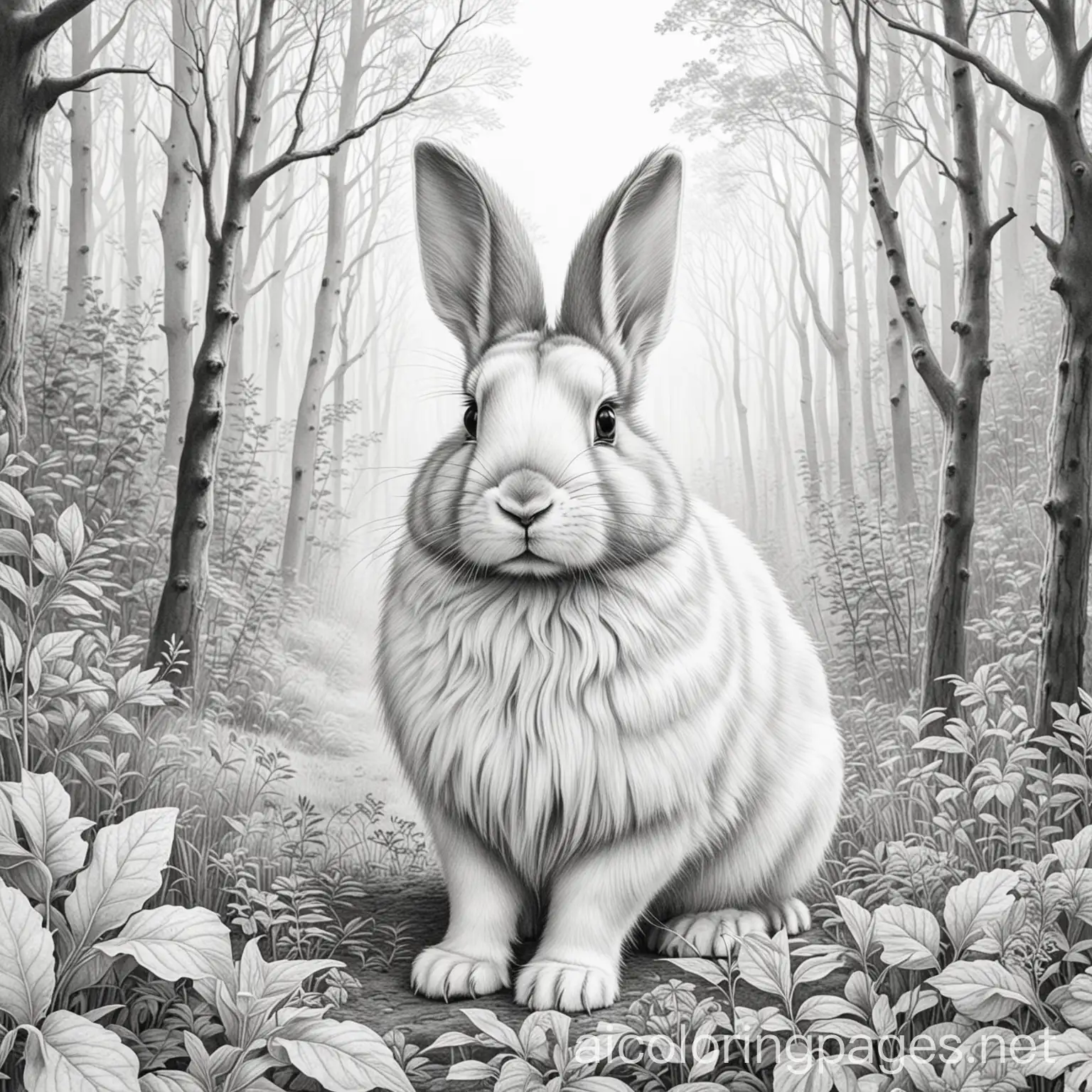 A Lionhead rabbit in the forest, Coloring Page, black and white, line art, white background, Simplicity, Ample White Space. The background of the coloring page is plain white to make it easy for young children to color within the lines. The outlines of all the subjects are easy to distinguish, making it simple for kids to color without too much difficulty