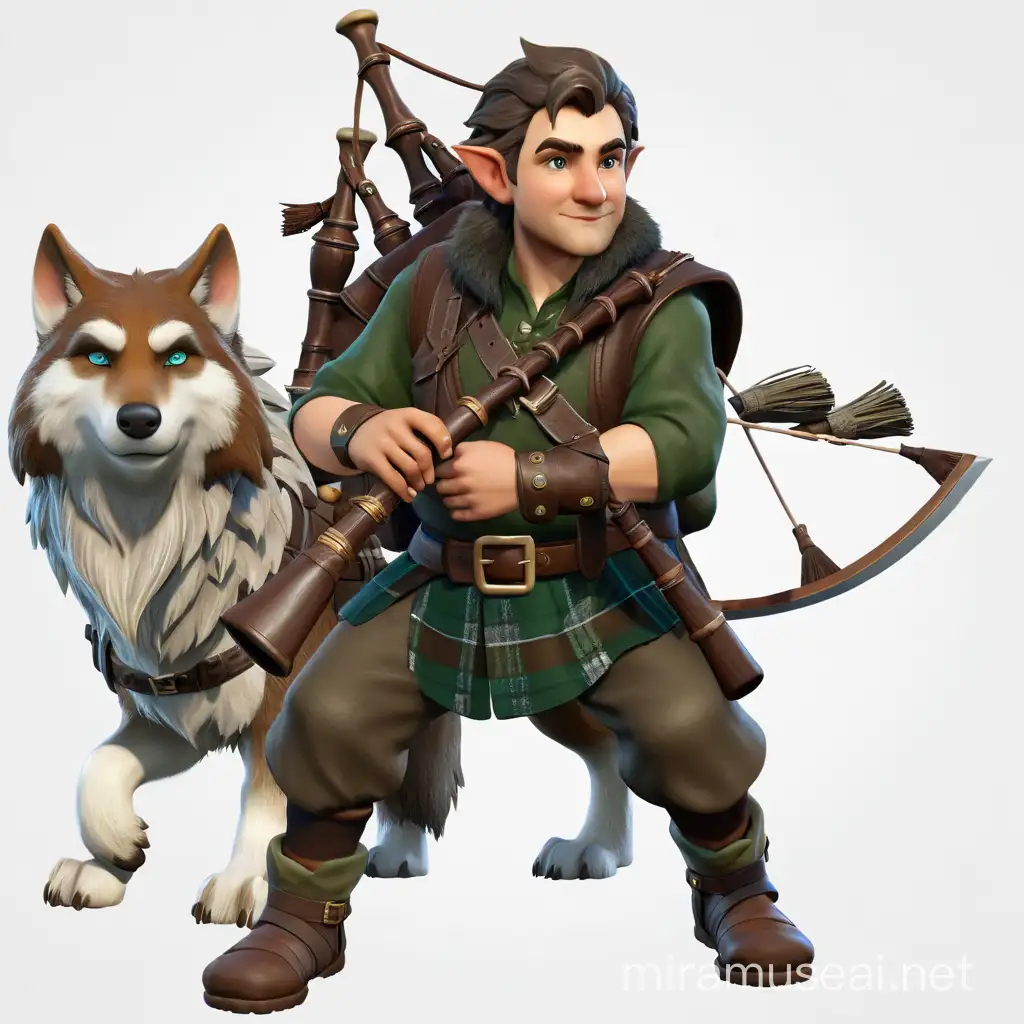 Gnome Hunter with Bagpipe and Wolf in Forest Scene