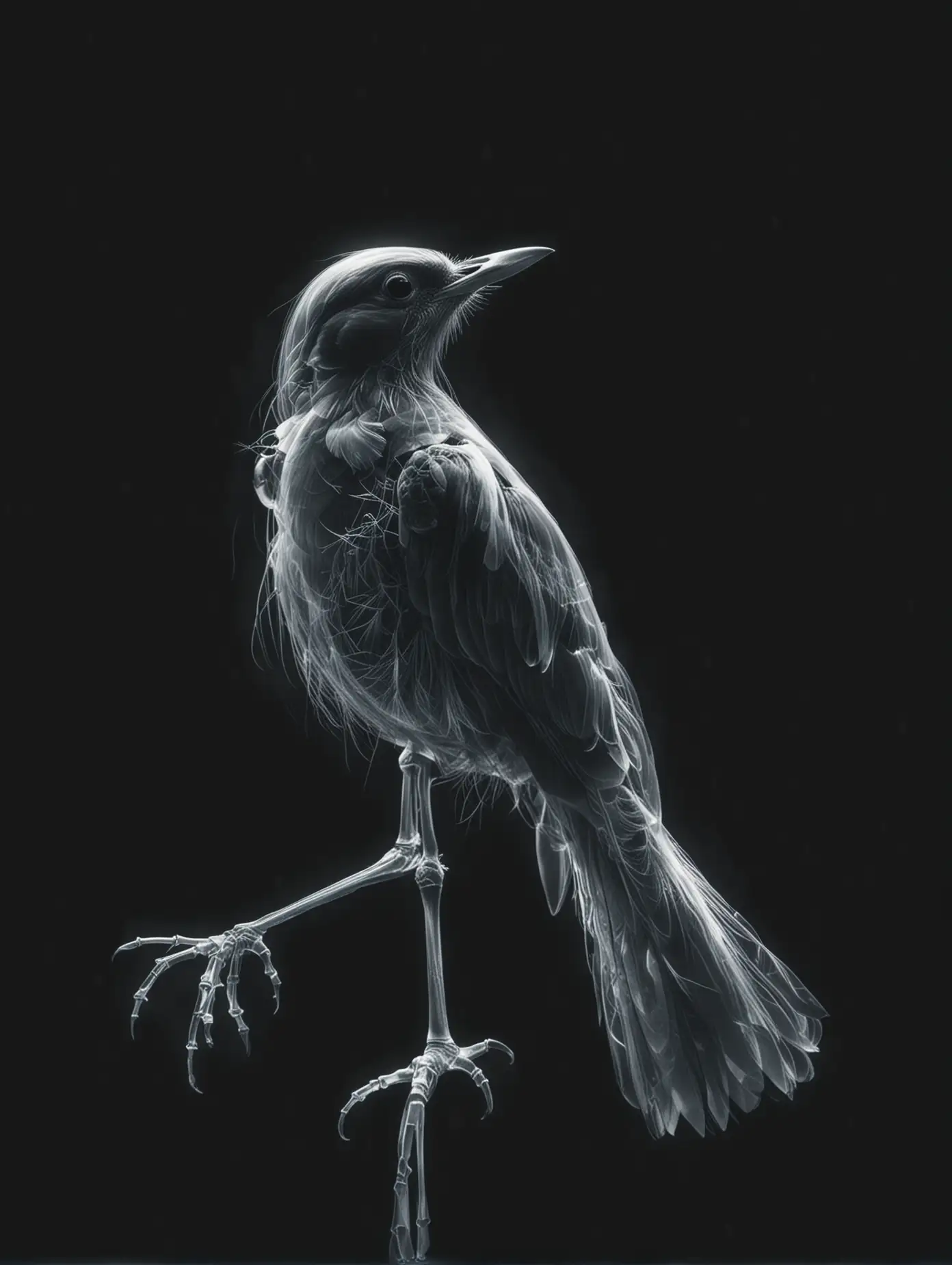 an X-ray of a bird on a dark background of nature. Realistic, film effect