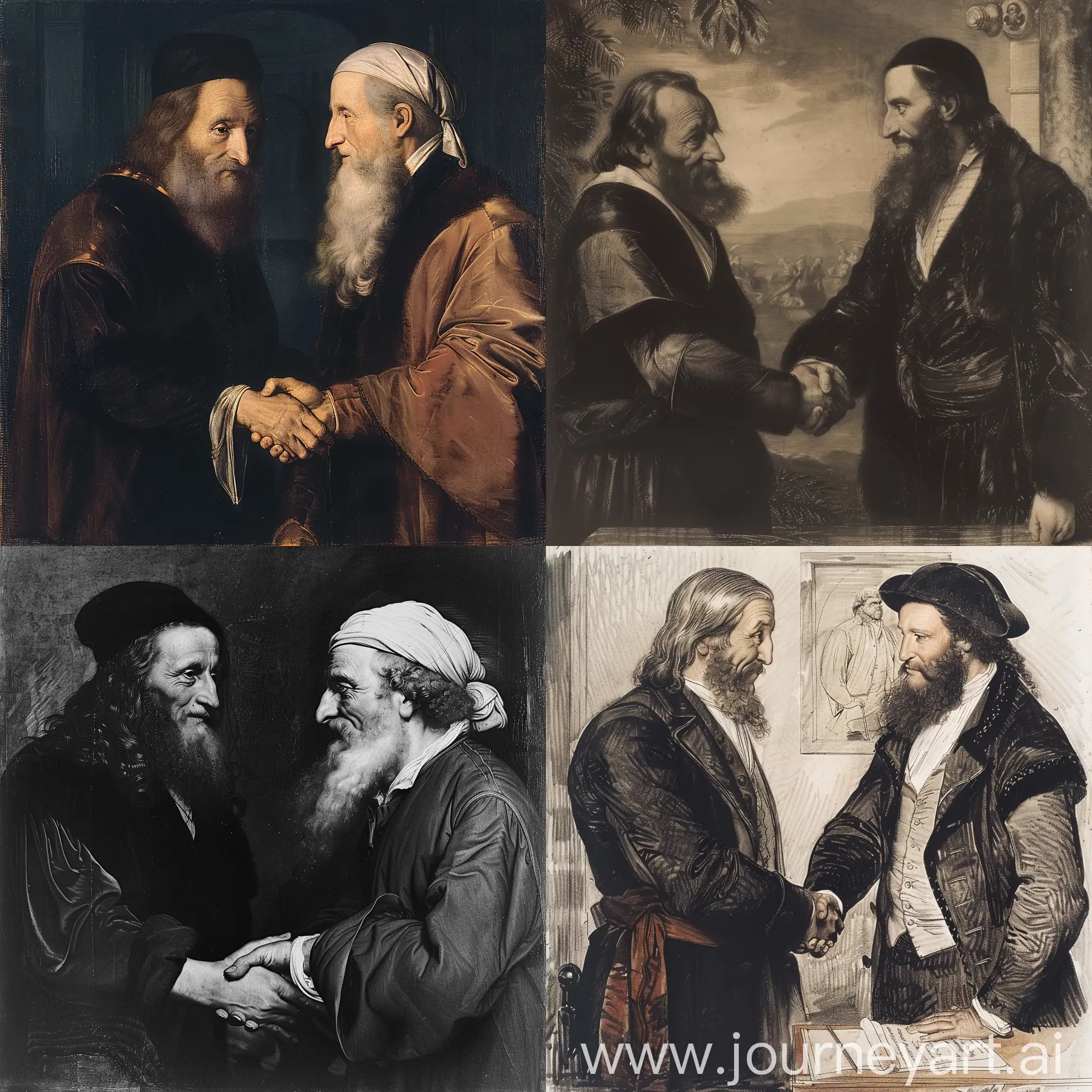 Leonardo da Vinci and Johann Goethe shakes hands.
Ultra-realistic.
