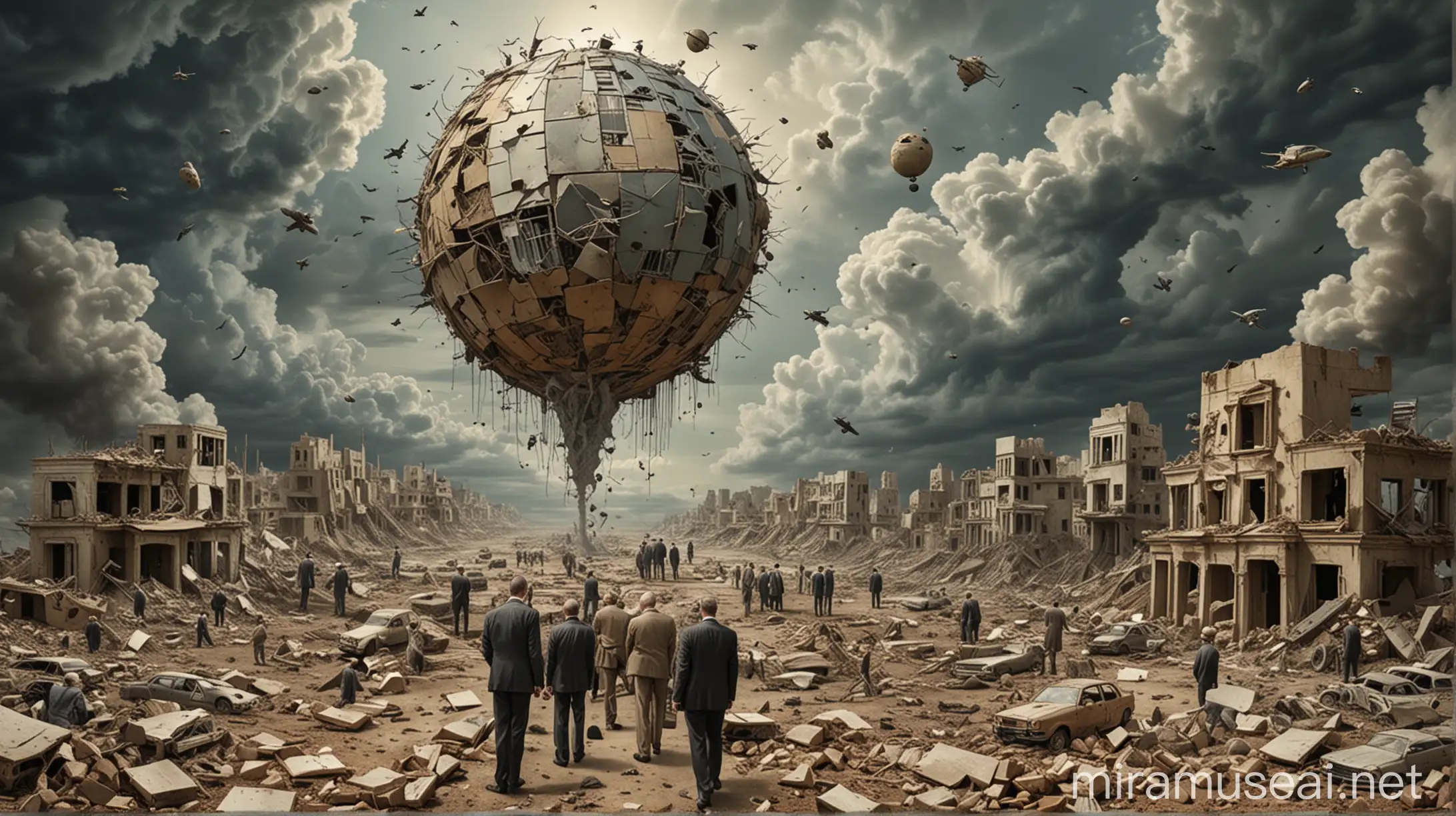 surrealist artwork of the collapse of neoliberal world order from war, climate change, focus on profit.