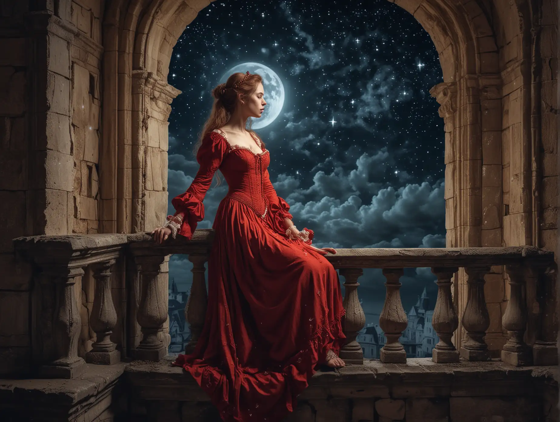 рыжая девица в неглиже набалконе старинного замка считает звёзды лунной ночью высокодетализированное изображение в стиле барокко