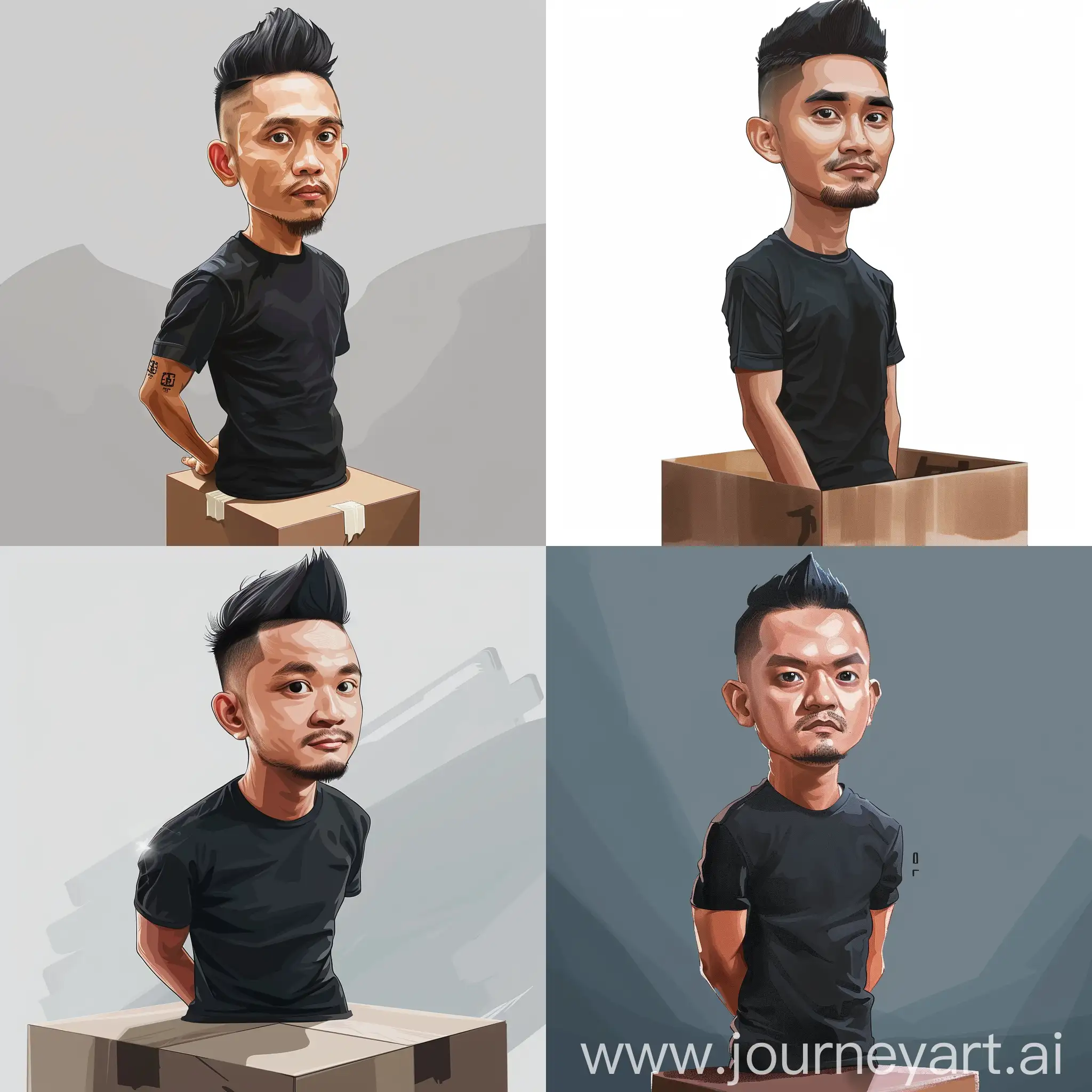 Semi caricature of an indonesian guy wearing black t-shirt buzz cut hair standing up on the box