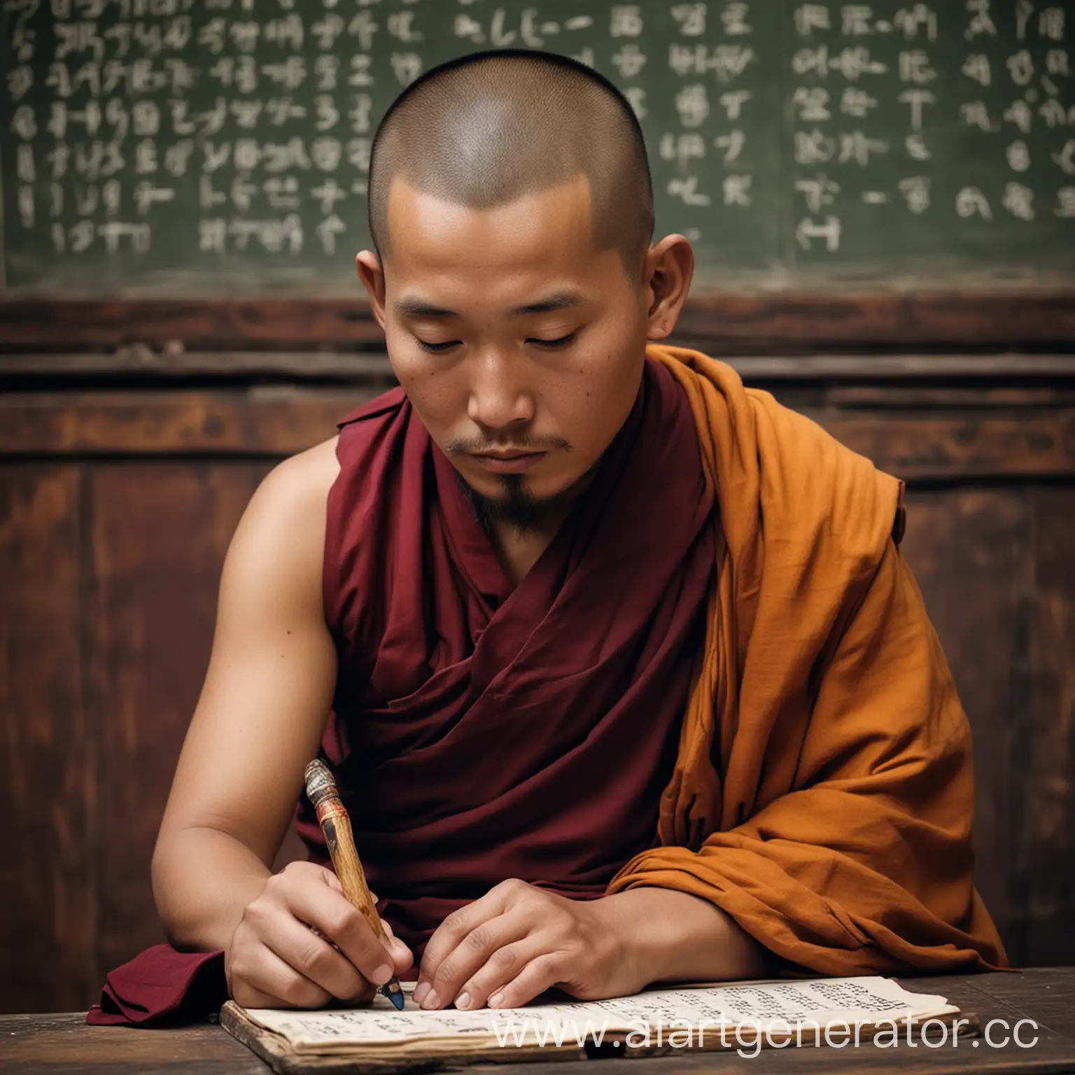 тибетский монах, решает математическую задачу на доске, в руках у него счеты