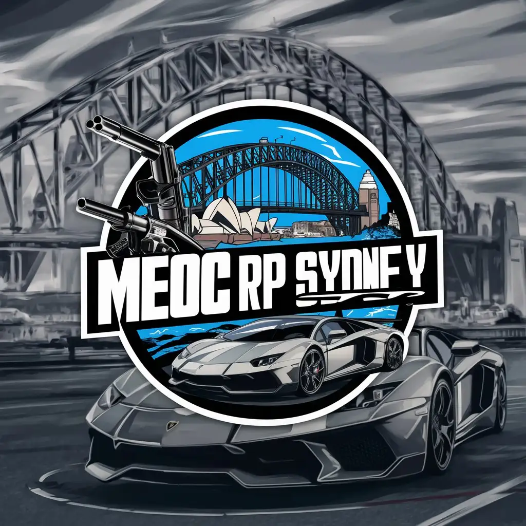 a logo design,with the text "MEOC RP SYDNEY", main symbol:SYDNEY HARBOUR BRIDGE AND OPERA HOUSE AS BACKGROUND WITH GUNS AND LAMBORGHINI AVENTADOR. MAKE IT ROUND. IT IS A LOGO FOR A GTA ROLEPLAY SERVER,complex,clear background