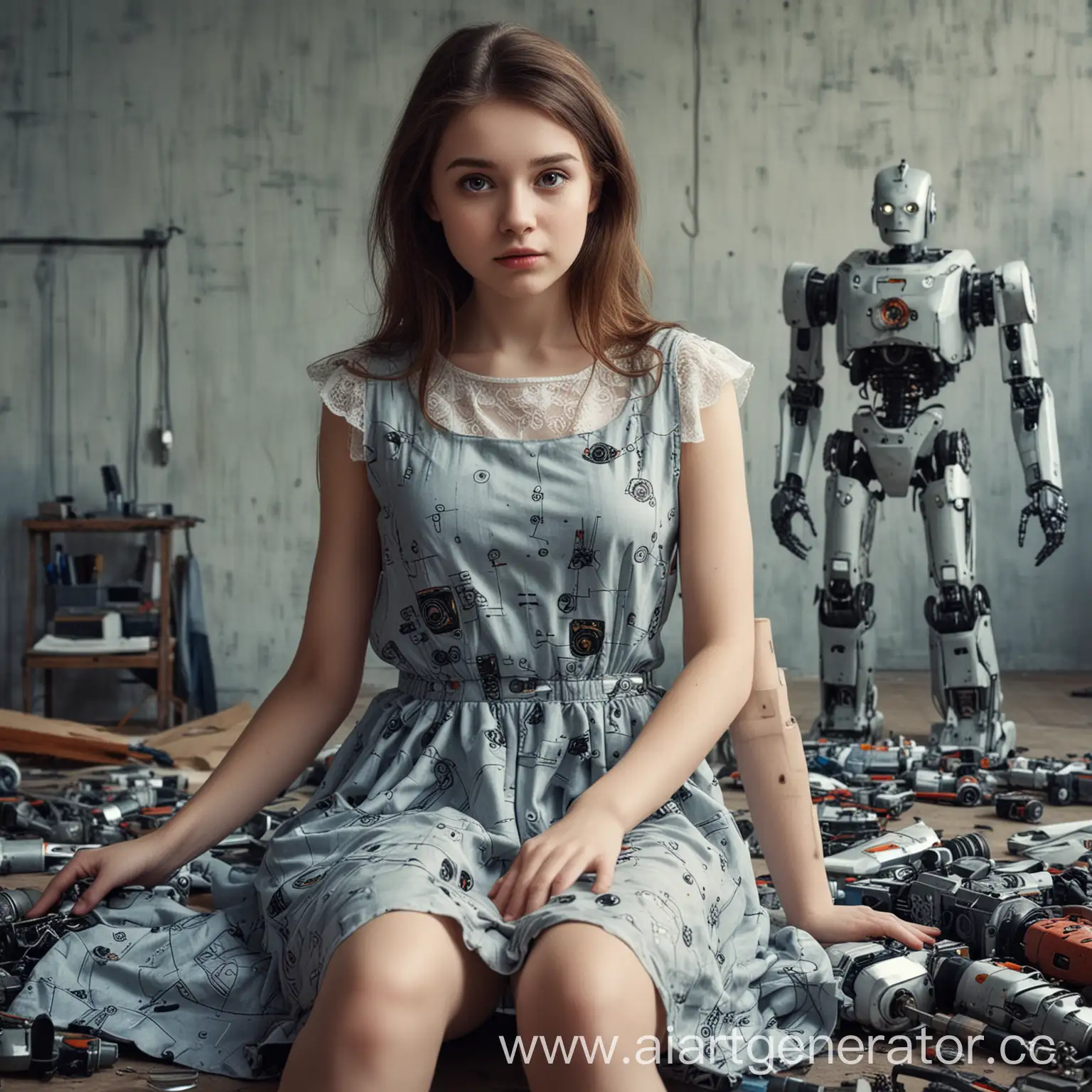 Robot-Standing-Over-Girl-in-Dress-with-Tools