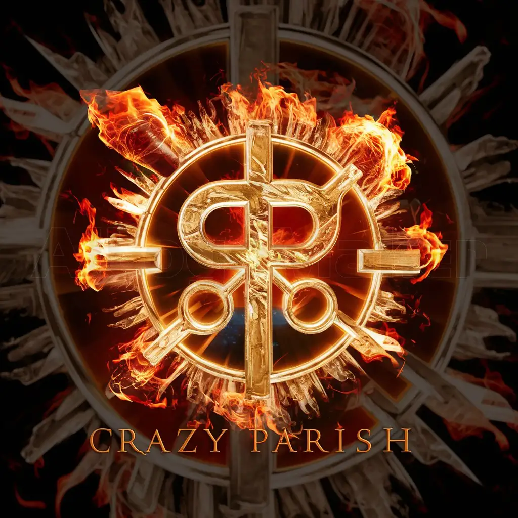 a logo design,with the text "CRAZY PARISH", main symbol:AESTHETICALLY PLEASING, WITH FIRE,complex,clear background