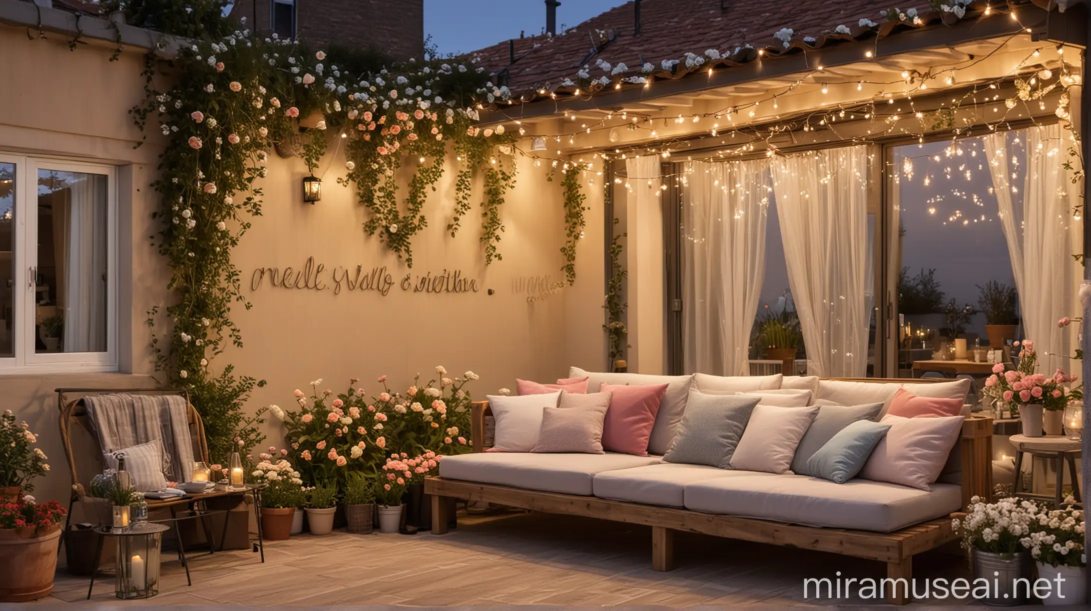 A large terrace has comfy sofa bed decorated with fairy lights and flowers,close by is a set dinner for two,night time,on the wall is a reflection of a netflix logo a perfect movie date and proposal. It's bright,happy,romantic and sentimental 