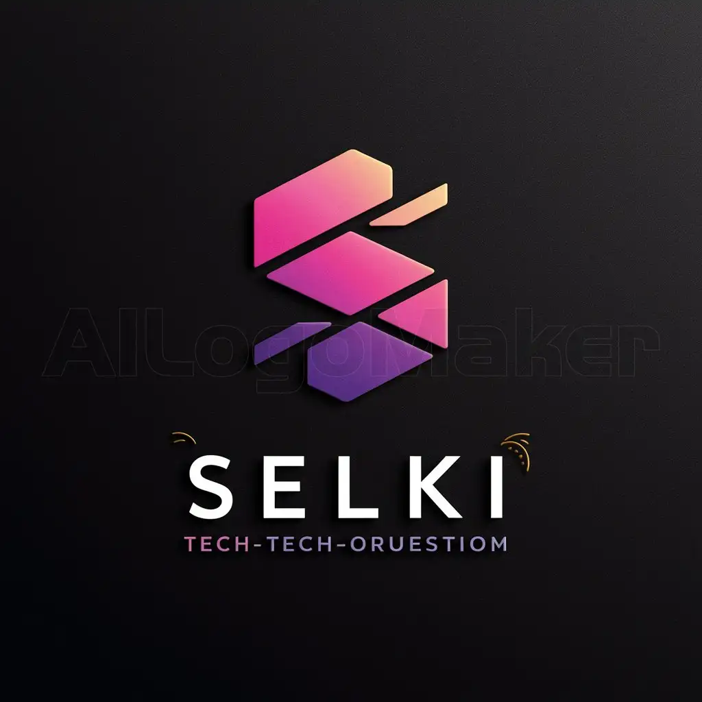 a logo design,with the text "Selki", main symbol: Geometric logo design specifications:

1. Create a logo without curves, featuring a stylized "S" shape.
2. Implement a gradient transition from dark purple at the bottom to vibrant pink at the top.
3. Set the background to black.
4. Achieve a sleek, modern, and minimalistic design suitable for a tech-oriented brand.
5. Design with cybersecurity in mind.
6. Ensure 2D, flat design without any round 3D shapes.
7. Keep the text separated from the logo.
8. Add subtle golden-yellow details to maintain minimalism.

(Keep the translation note in mind for future tasks),Minimalistic,be used in Technology industry,clear background