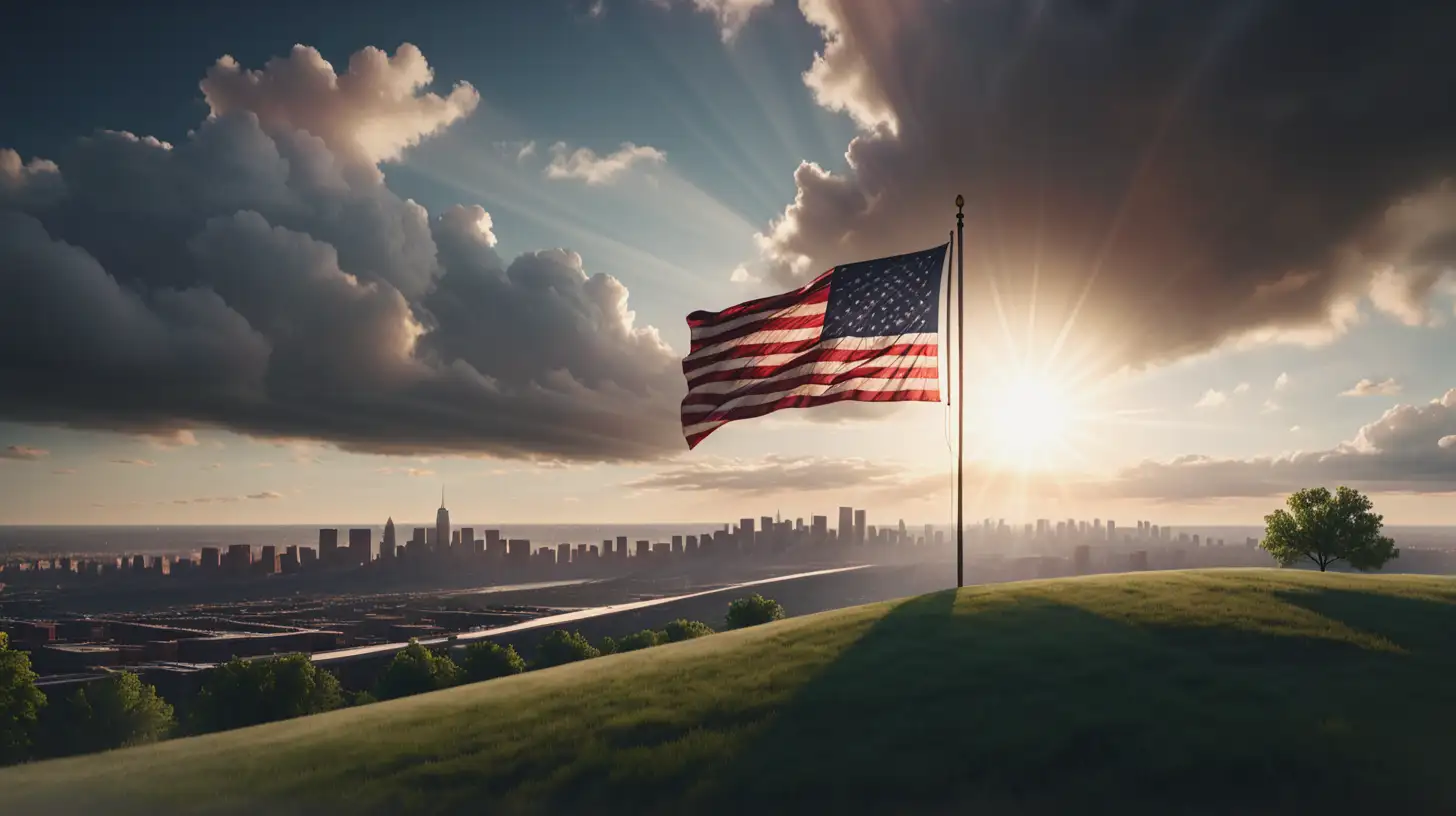 American flag flying on top of a hill. The sun and clouds are in the background with nature on one side and a city on the other. Cinematic. 