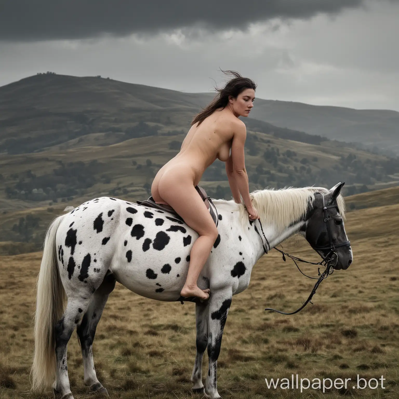 A horse with black and white spots with a naked woman on its back and low hills in the background with grey skies