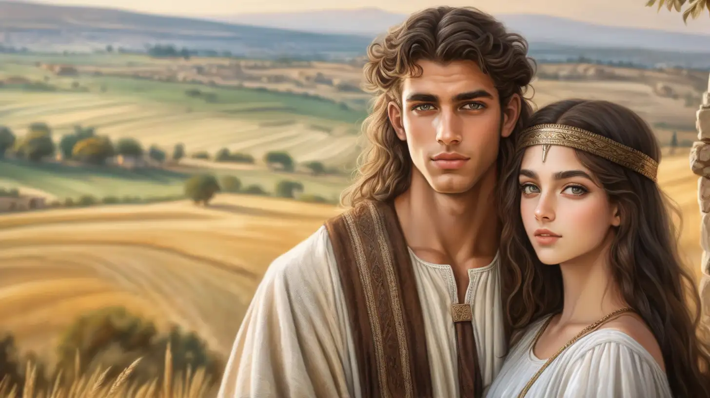 epoque biblique, un jeune homme hébreu beau et une jeune fille hébreu, beaux visages, en fond la campagne