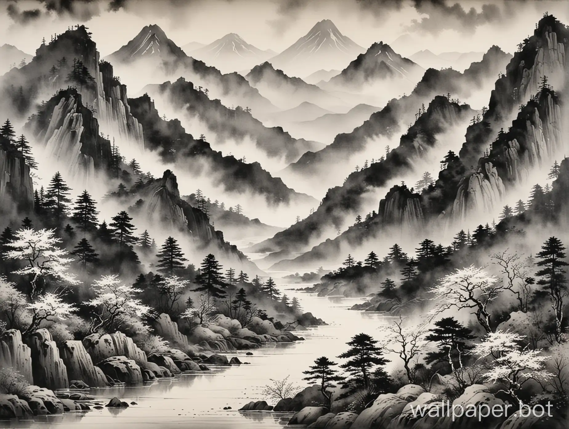 japanese watercolor painting in black and white with mountains