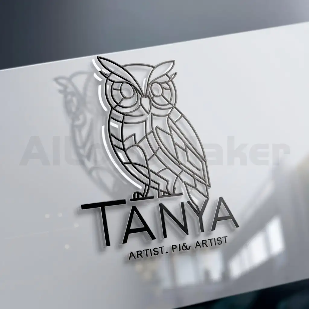 a logo design,with the text "Owl in the form of graphic geometry with a signature from Tanya", main symbol:Sova,complex,clear background