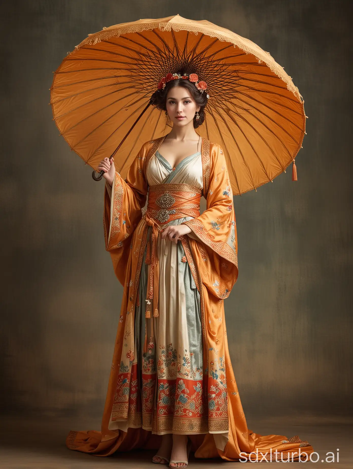 An ancient costume beauty holding an umbrella, with an ancient background, full body