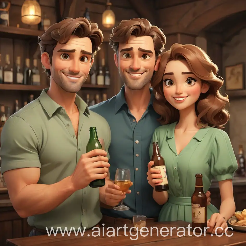 Cartoon-Couple-Clinking-Bottles-Cheers-Celebration