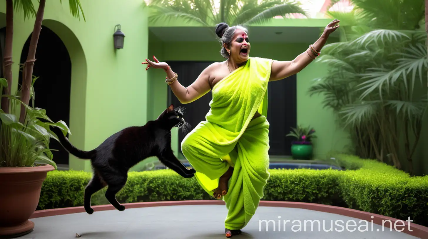 
a indian mature  fat woman having big stomach age 47 years old attractive looks with make up on face ,binding her high volume hairs, Gajra Bun Hairstyle. wearing metal anklet on feet and high heels, wearing a neon green bath towel on her body. she is dancing lifting her one leg upwards. she is in a luxurious garden courtyard. there is black cats arround her.