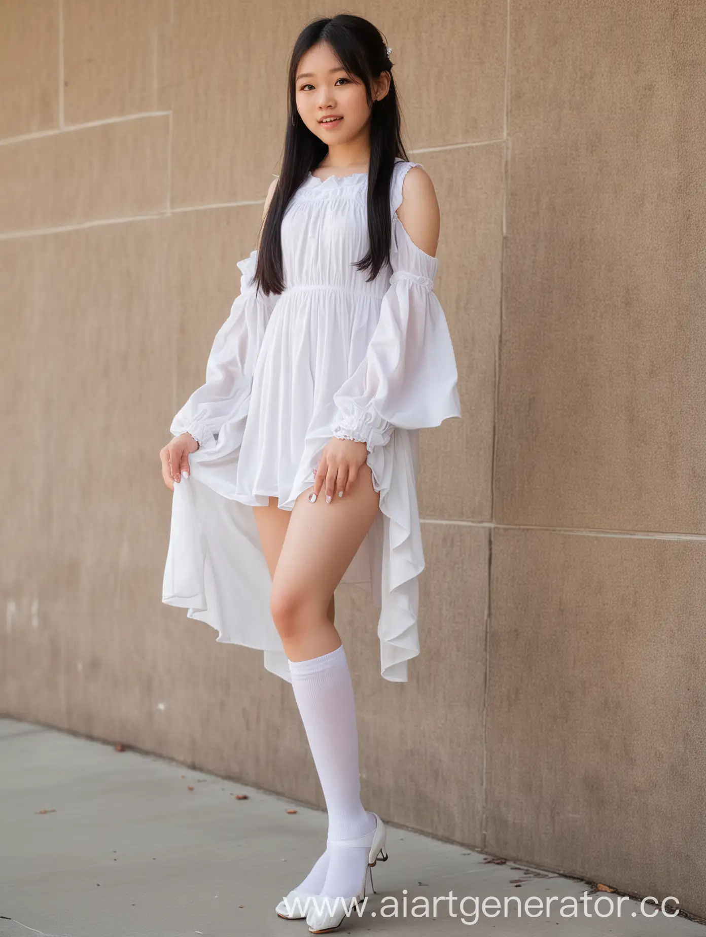 Asian-Middle-School-Student-in-White-Trail-Maxi-Dress-and-Princess-High-Heels