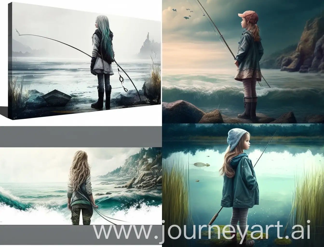 a beautiful young fisherman girl, with a fishing rod in her hands, fishing on the shore, standing with her back in the distance, panorama