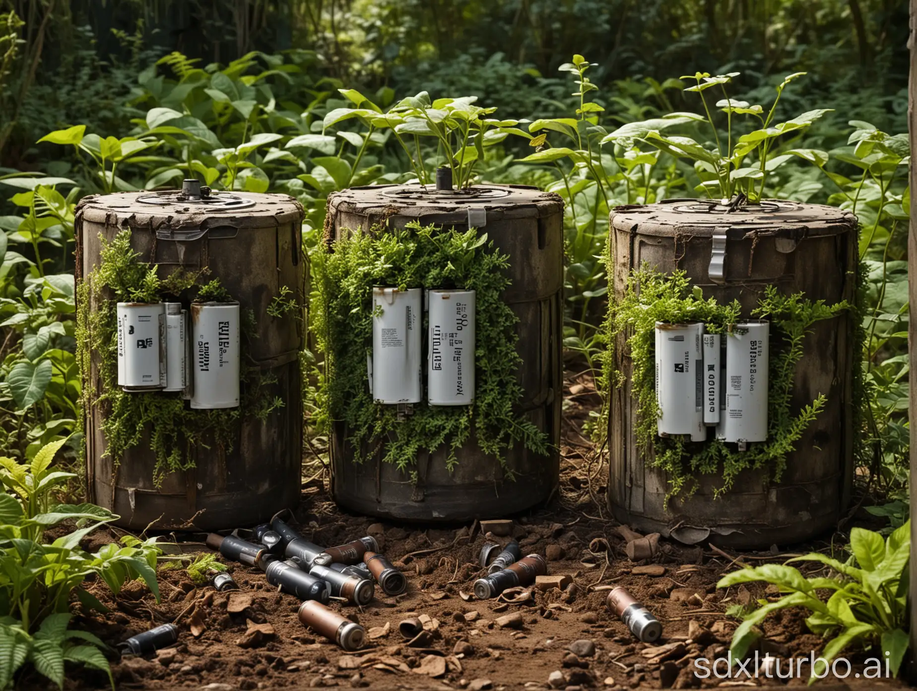 advertisement showing three batteries, the first one is almost empty and is surrounded by half-rotted plants, the second one completely empty and surrounded by completely rotted plants, the third one is almost full and surrounded by living plants