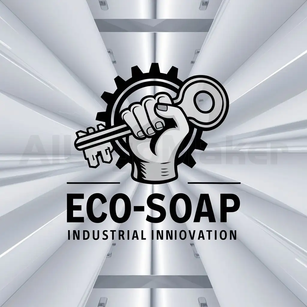 a logo design,with the text "Eco-soap", main symbol:create a logo that is a hand grasping a key and on the back of said hand has a gear and have a slogan,complex,be used in industrial industry,clear background