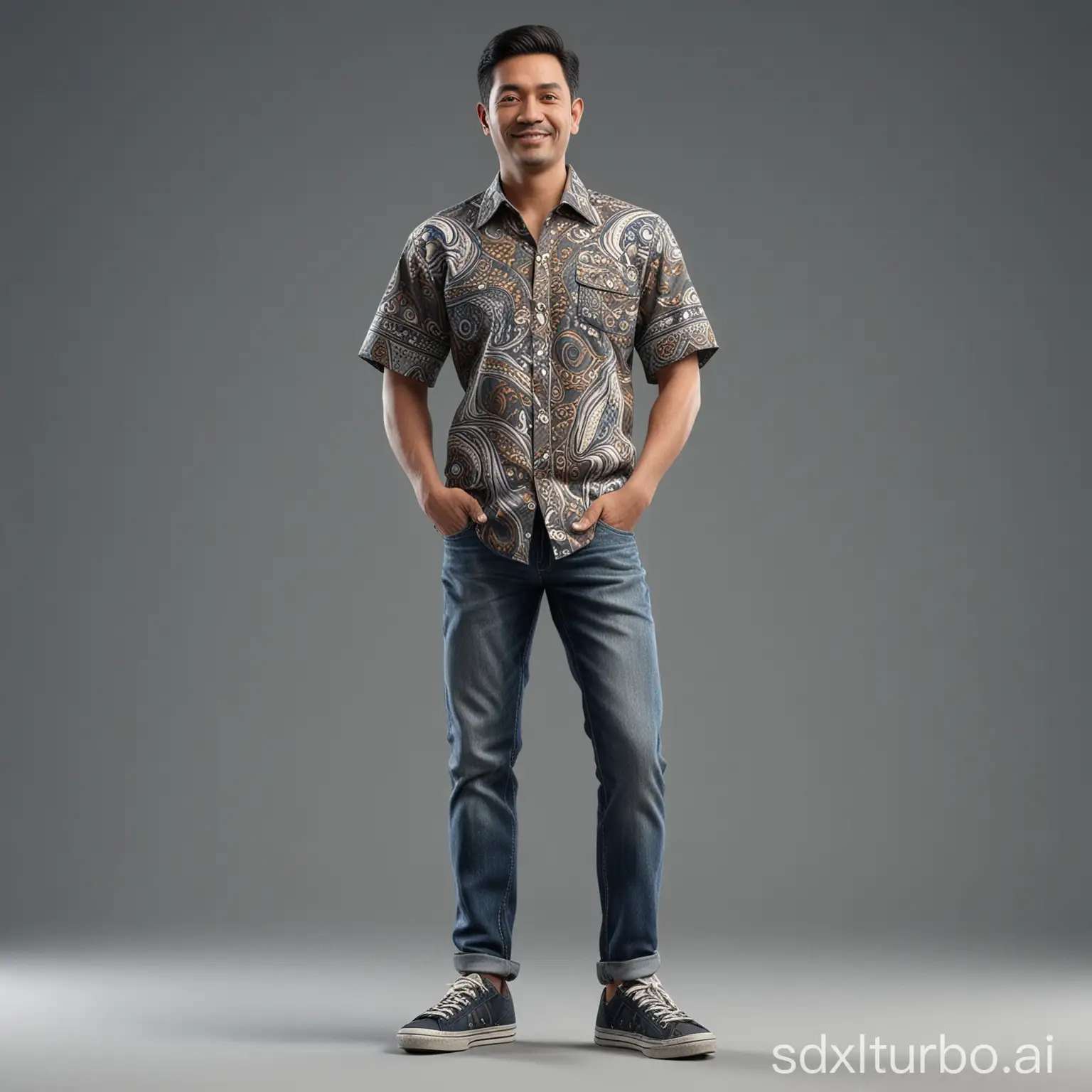 A stunning 3D caricature of Mulyadi, a well-dressed man in a unique batik shirt, jeans, and sneakers. The level of detail is hyper-realistic, capturing every fold and texture of the batik fabric with precision. The background is grey. The overall image is rendered in 8KHD, showcasing the ultra-detailed illustration and the hyper-realistic 3D render., illustration, 3d render