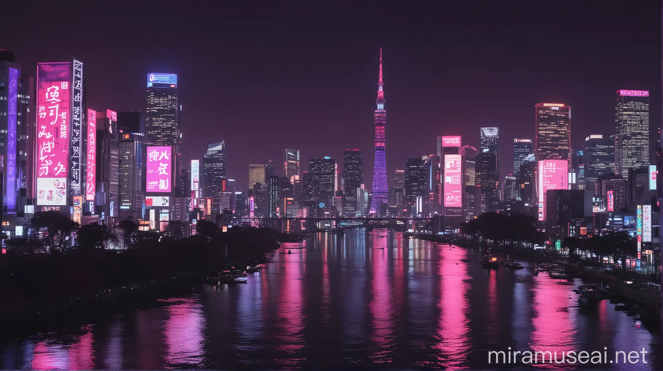 Красивый ночной Токио, панорама ночного азиатского города с берега реки, много огней и неона, фиолетовые и розовые цвета, неоновые вывески, высокая контрастность, 4к, 8к