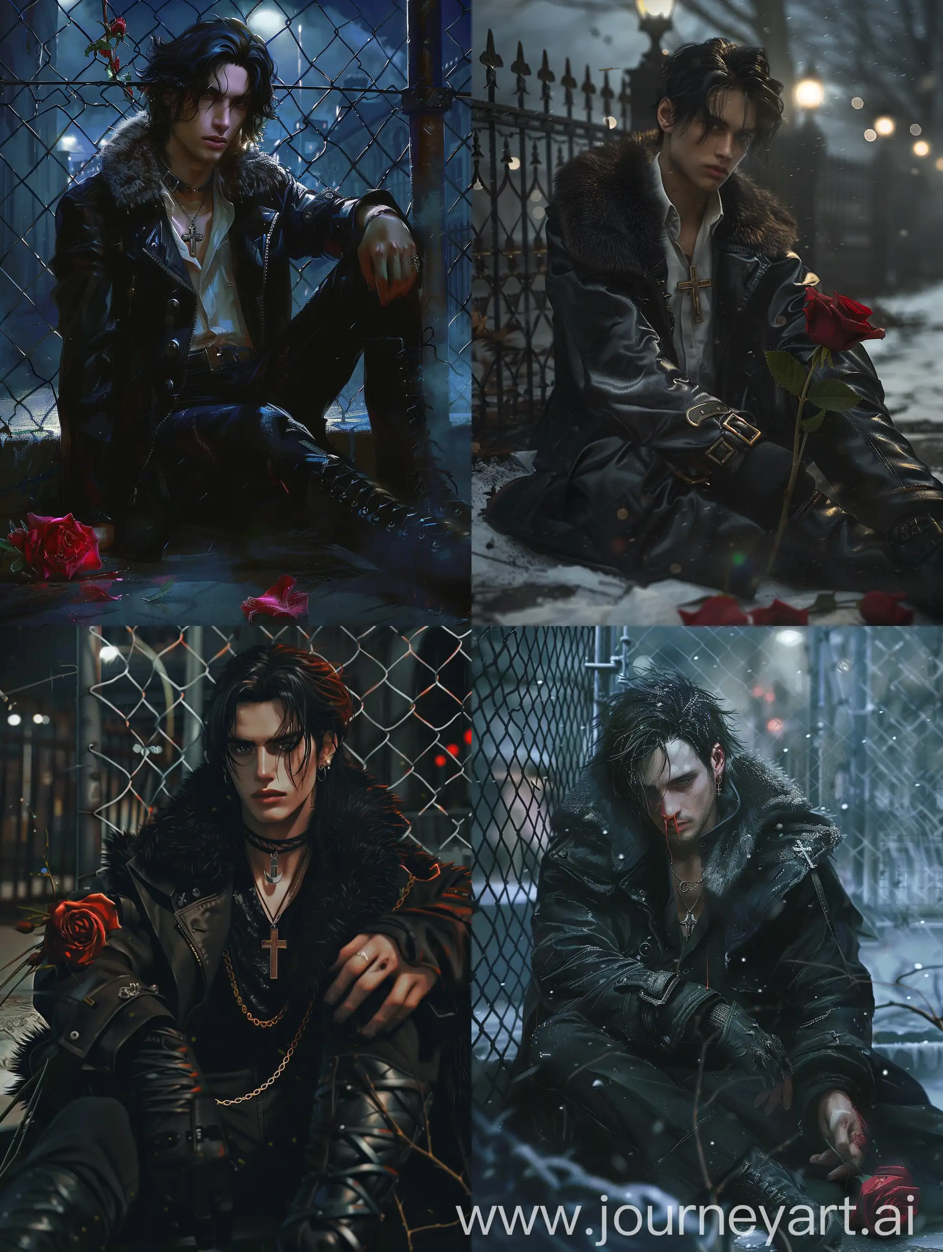 Photo, realism, realistic, 1guy, European, sitting on the ground, sitting half-sided, dark hair, brown eyes, black coat, fur collar, white shirt, high boots, red rose in hand, cross on the collar, night city in the background, mesh fence in the background.