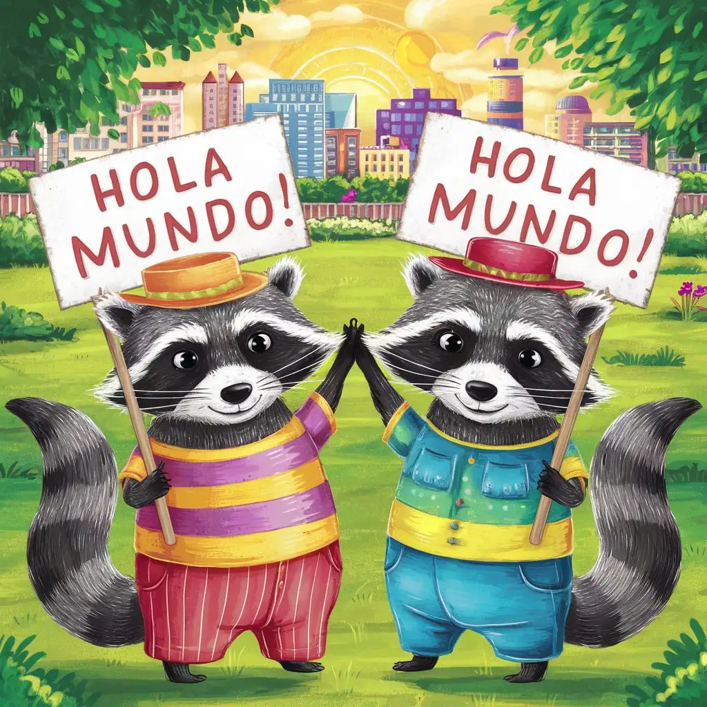 Dos mapaches con carteles que dicen hola mundo