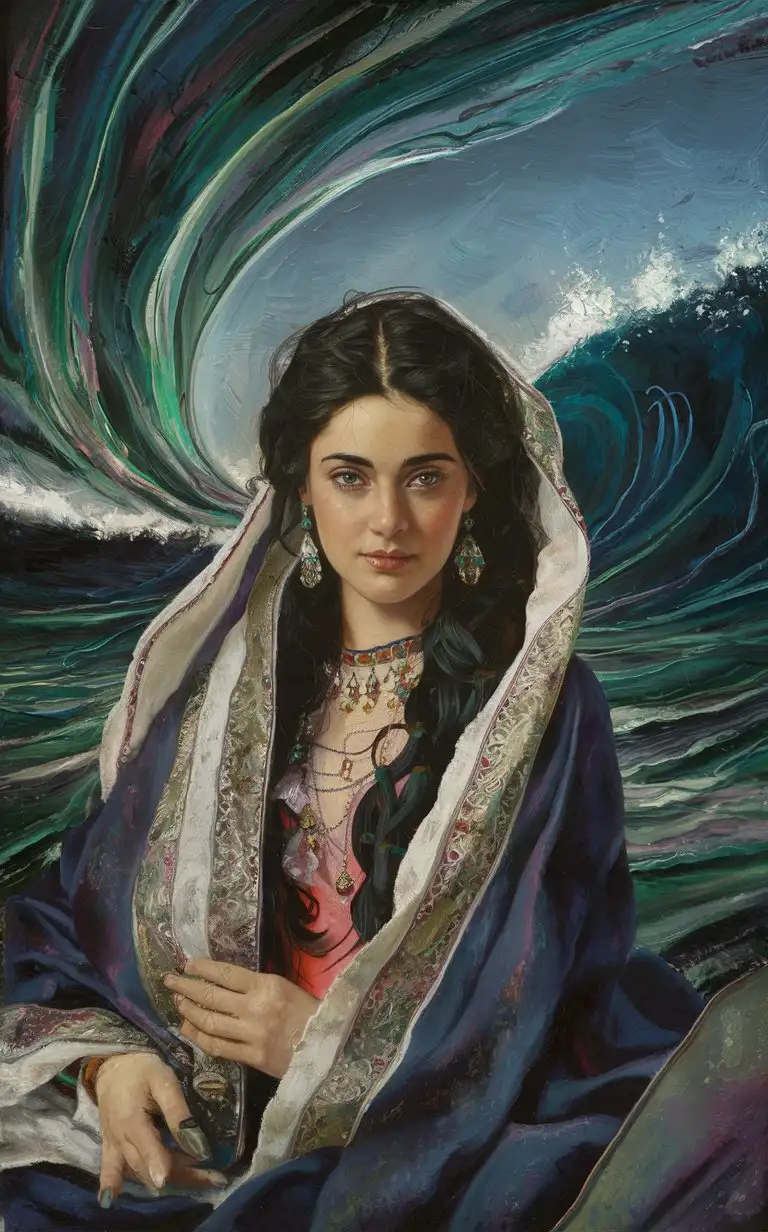 Beautiful Iranian Woman Enjoying Serene Seascape in Oil Painting