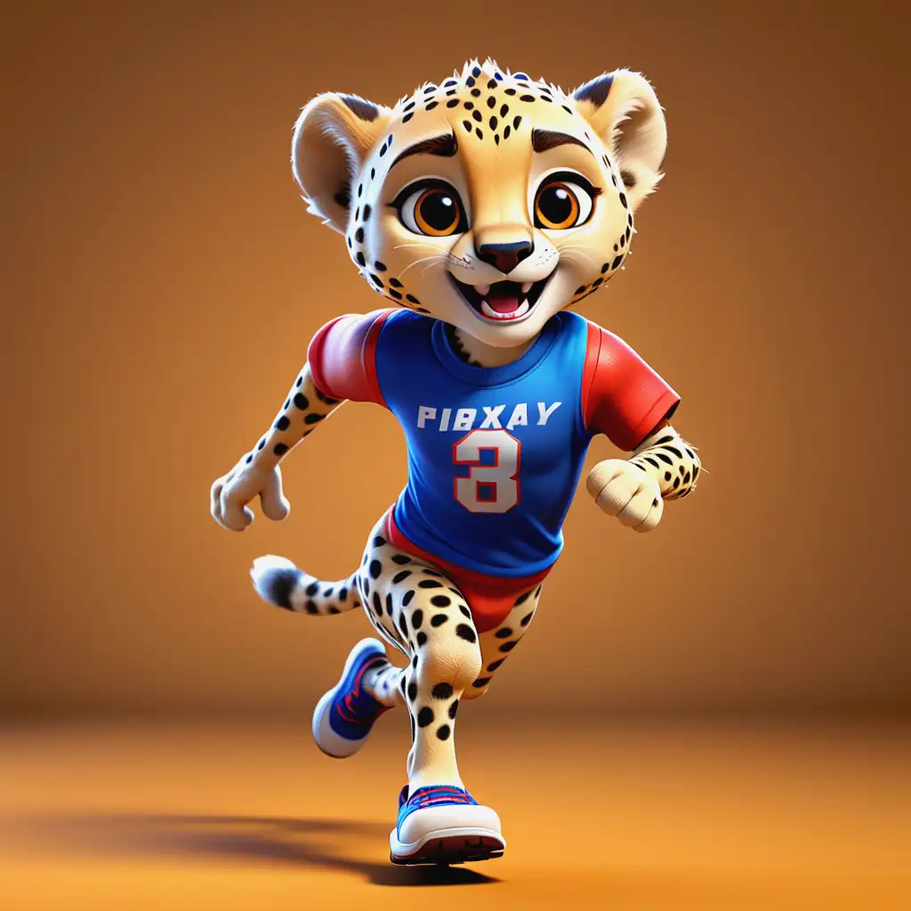 Energetic Baby Cheetah Mascot Racing in PixarStyle 3D