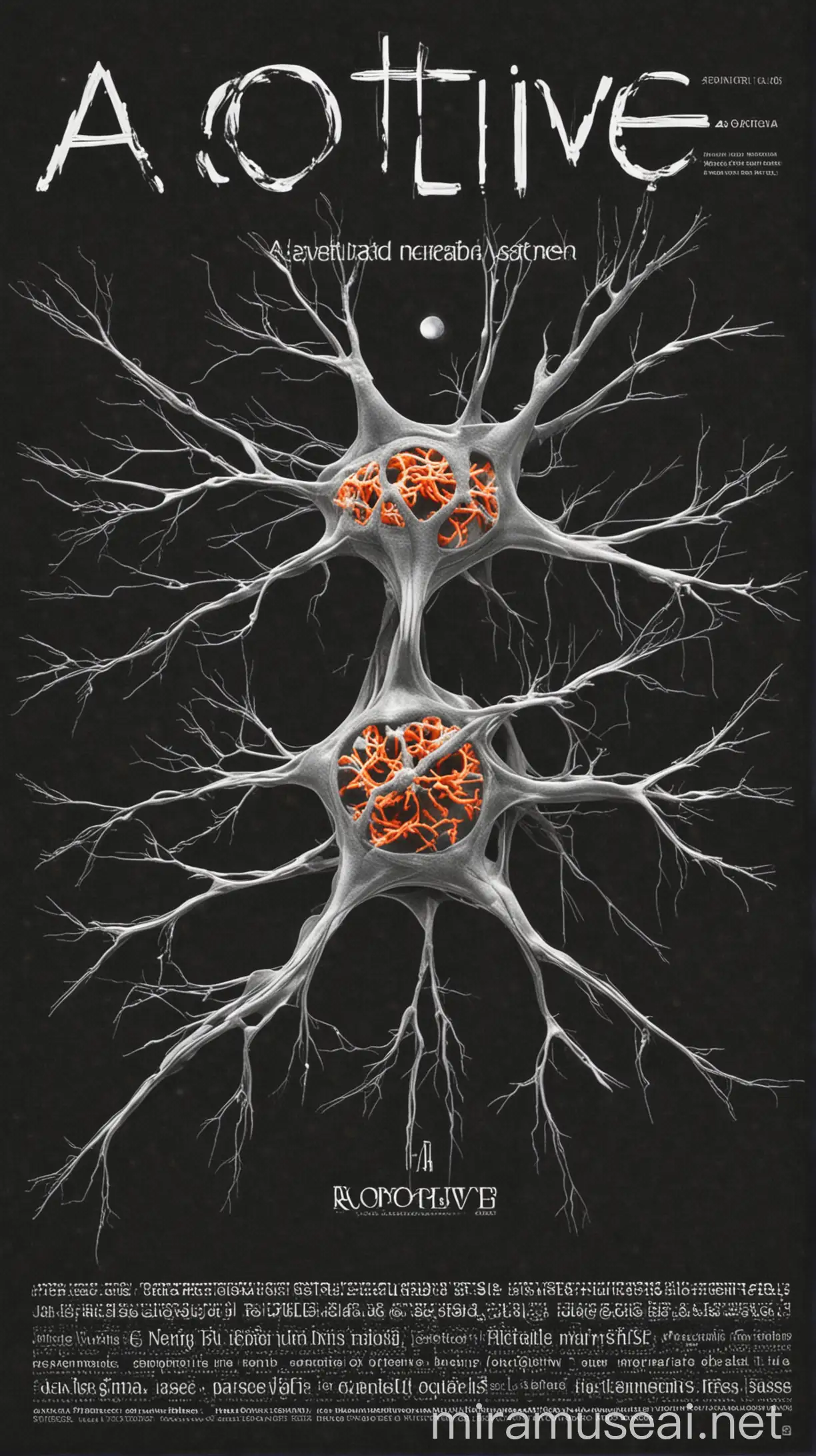 a scientific magazine about neurons, with two neuro atom connected to eachother picture in middle, "aotive" is the name of the magazine big on it, also add some small paragraphs, peofessional design