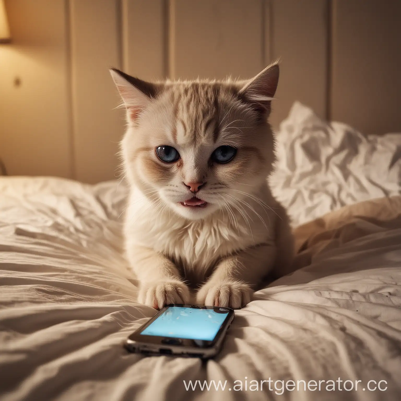 Плачущий котик сидит вечером на кровати с Айфоном смотрит в него и плачет